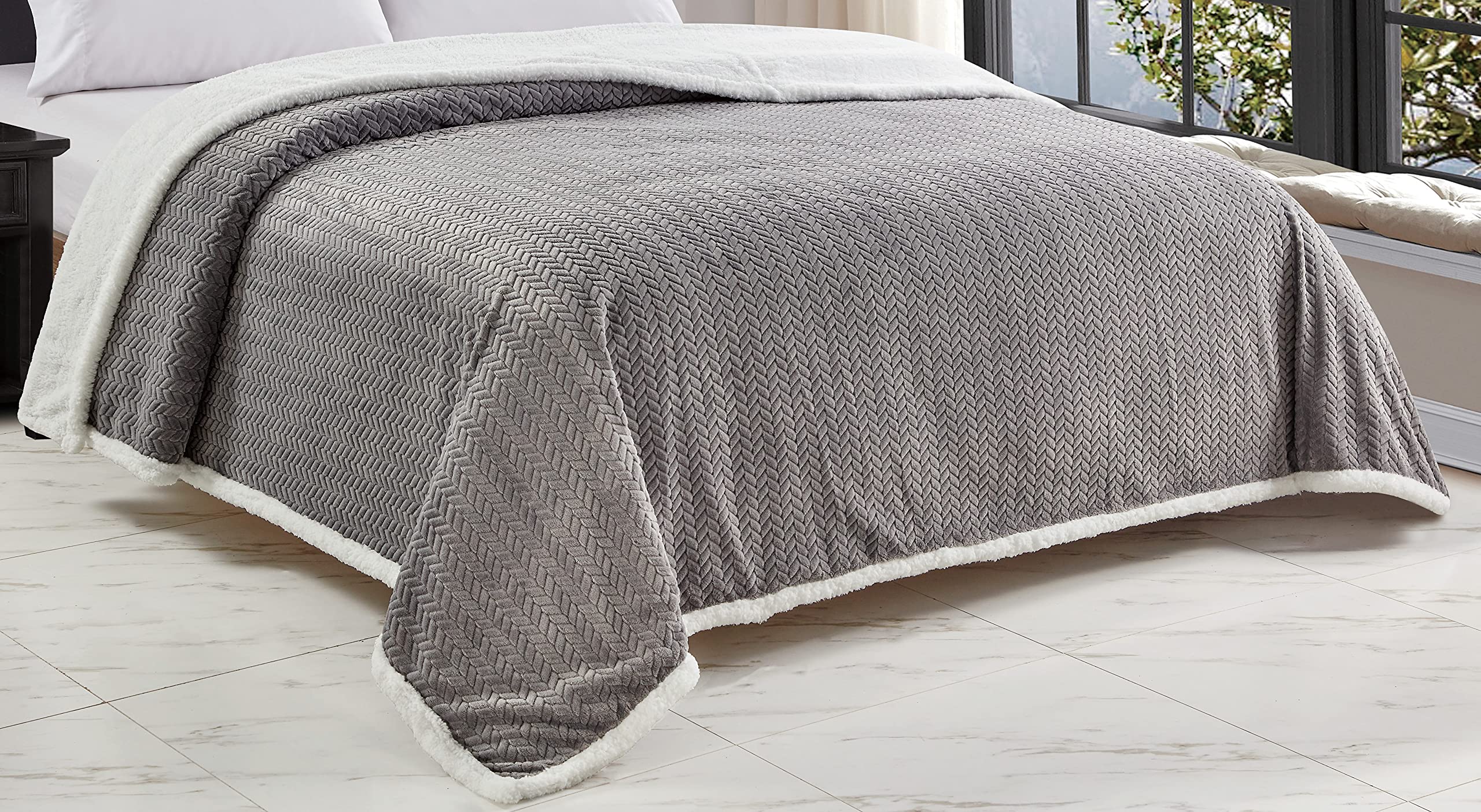 Decor&More HomeEssentials Extra Heavy and Plush Chevron Braided King Size Microplush Jacquard Blanket with Sherpa Backing (108" x 90") - Burgundy - Image 16