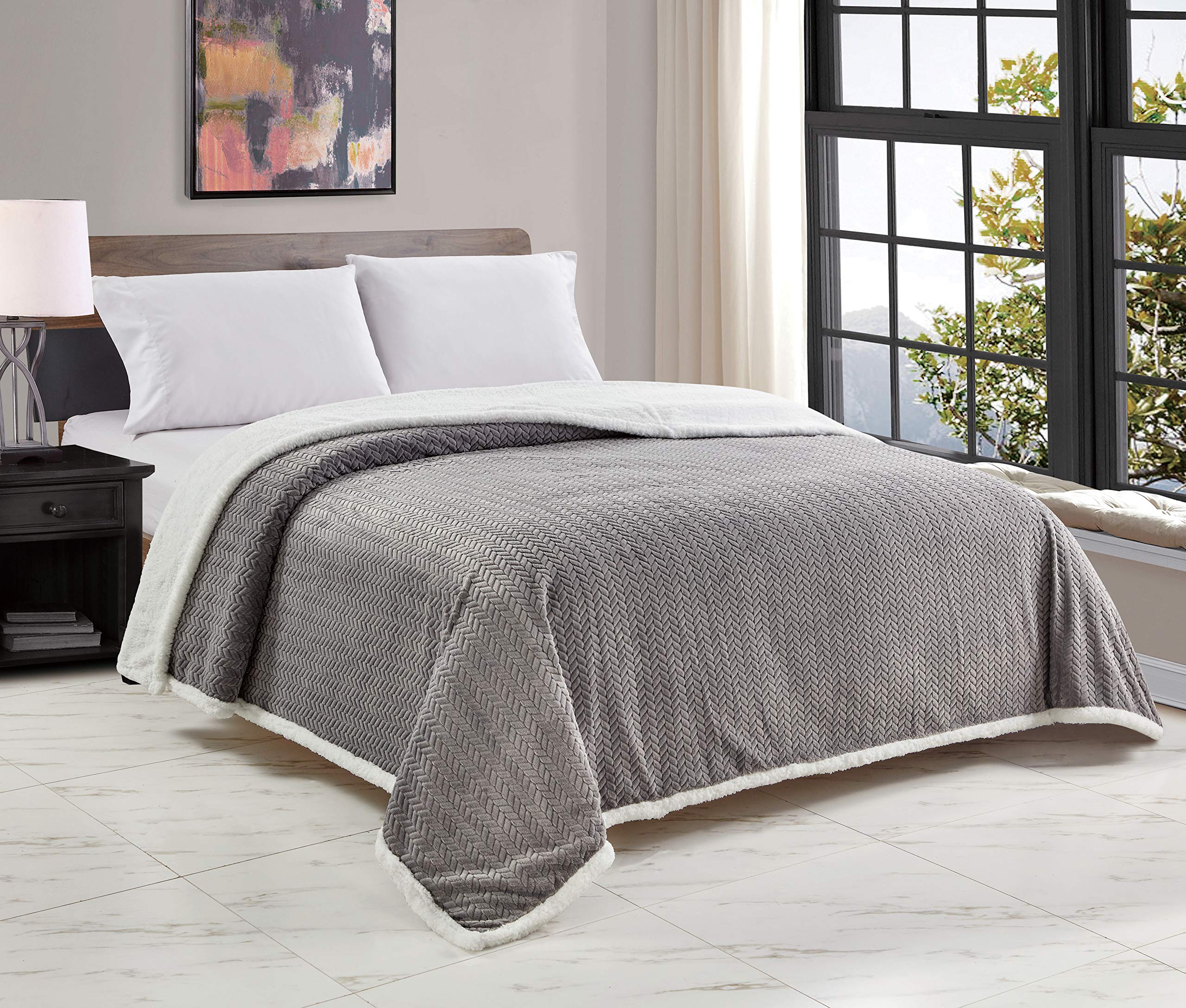 Decor&More HomeEssentials Extra Heavy and Plush Chevron Braided King Size Microplush Jacquard Blanket with Sherpa Backing (108" x 90") - Burgundy - Image 3