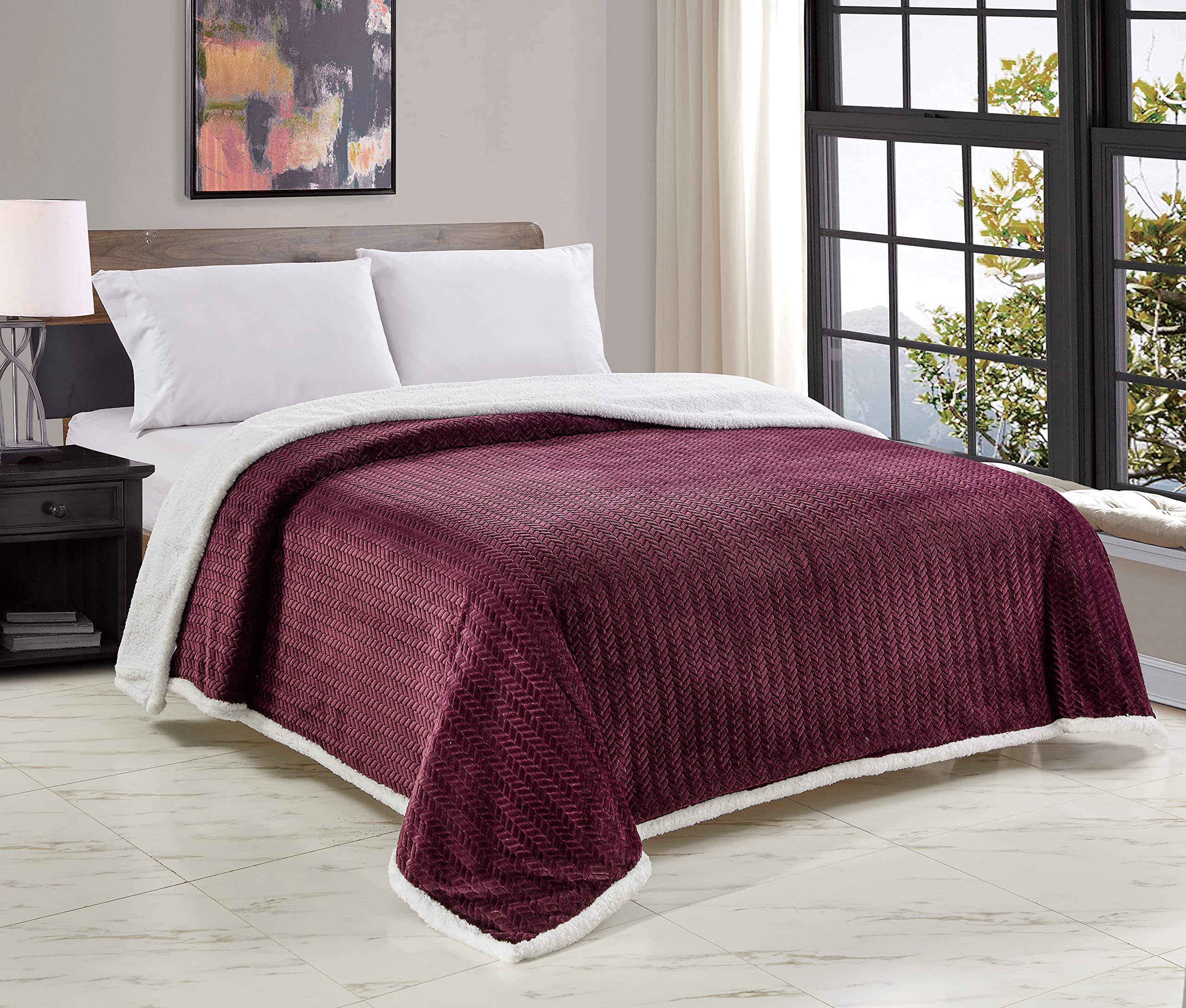 Decor&More HomeEssentials Extra Heavy and Plush Chevron Braided King Size Microplush Jacquard Blanket with Sherpa Backing (108" x 90") - Burgundy - Image 5