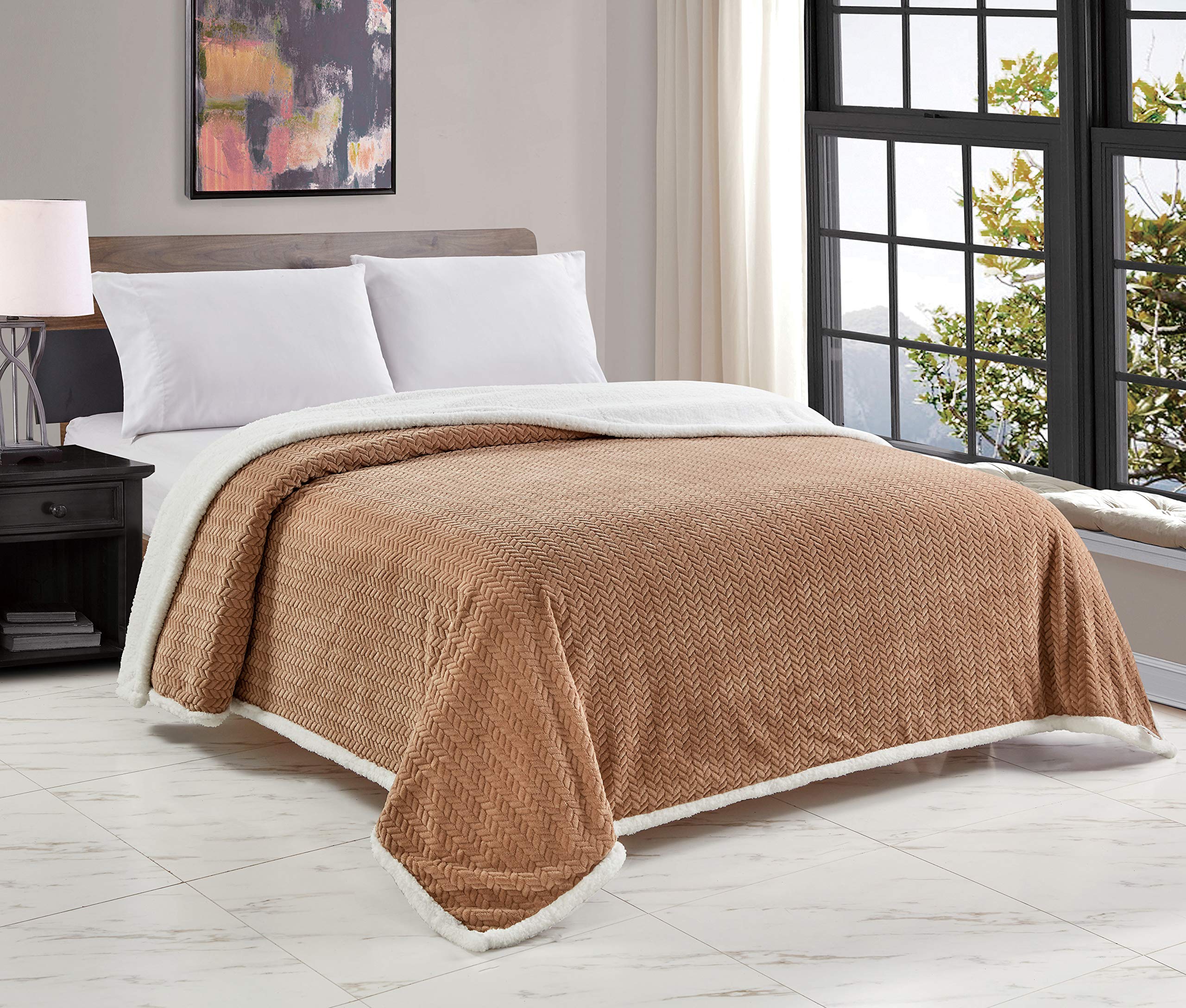 Decor&More HomeEssentials Extra Heavy and Plush Chevron Braided King Size Microplush Jacquard Blanket with Sherpa Backing (108" x 90") - Burgundy - Image 6