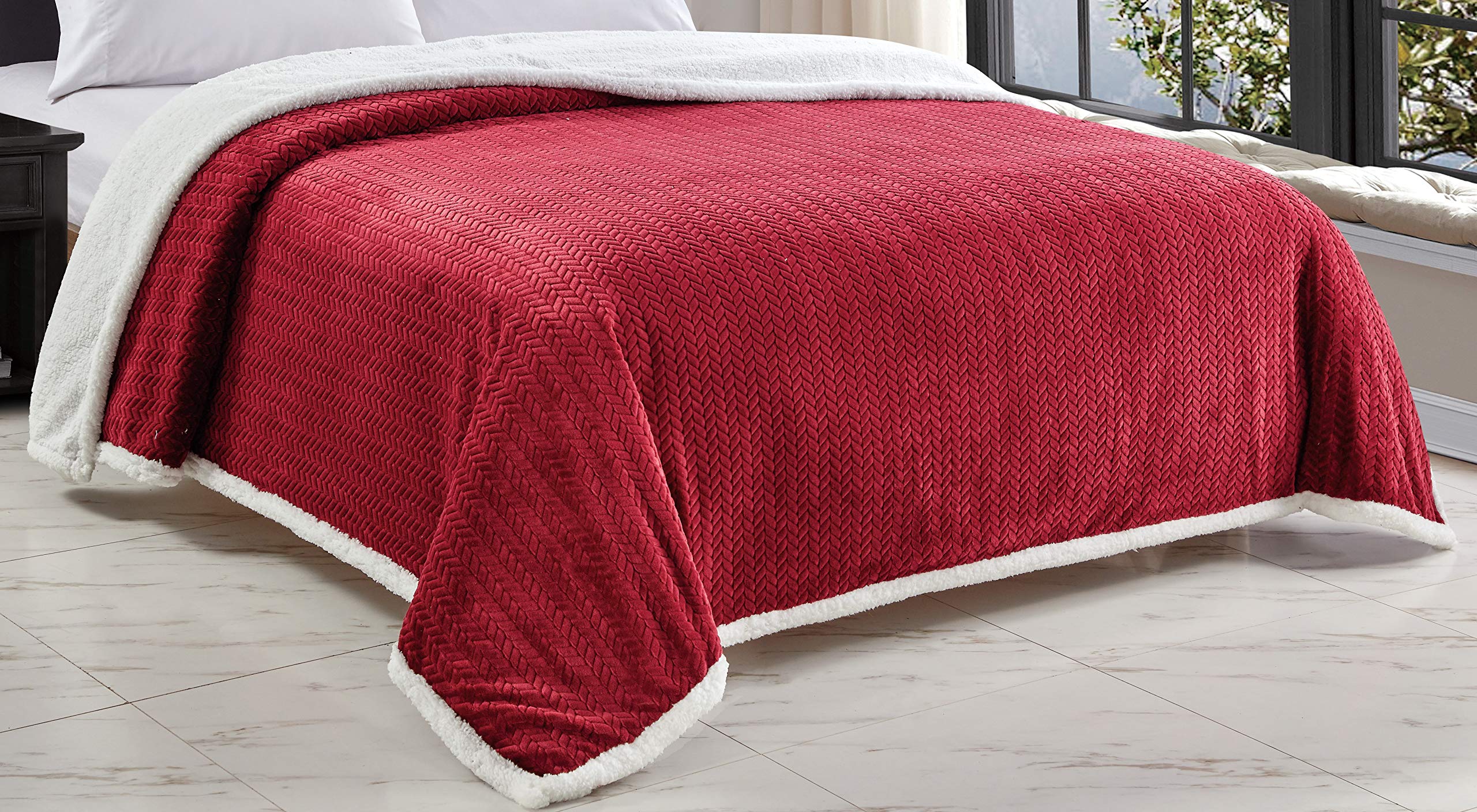 Decor&More HomeEssentials Extra Heavy and Plush Chevron Braided King Size Microplush Jacquard Blanket with Sherpa Backing (108" x 90") - Burgundy - Image 8