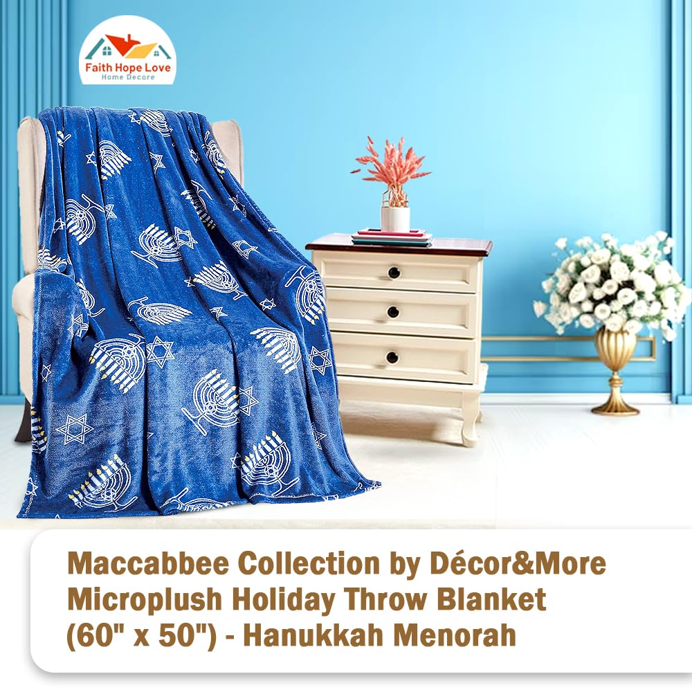 Decor&More Maccabbee Collection Microplush Holiday Throw Blanket (60" x 50") - Hanukkah Menorah - Image 2