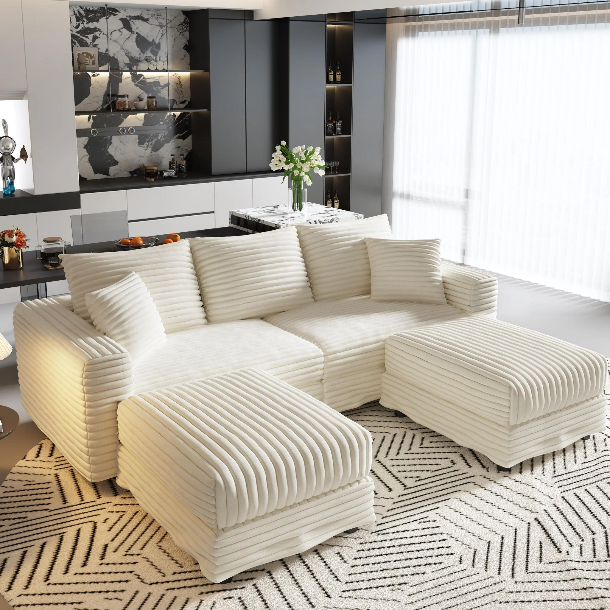 Deep Seat Convertible Sofa With Soft Pillows And Ottomans - Image 9