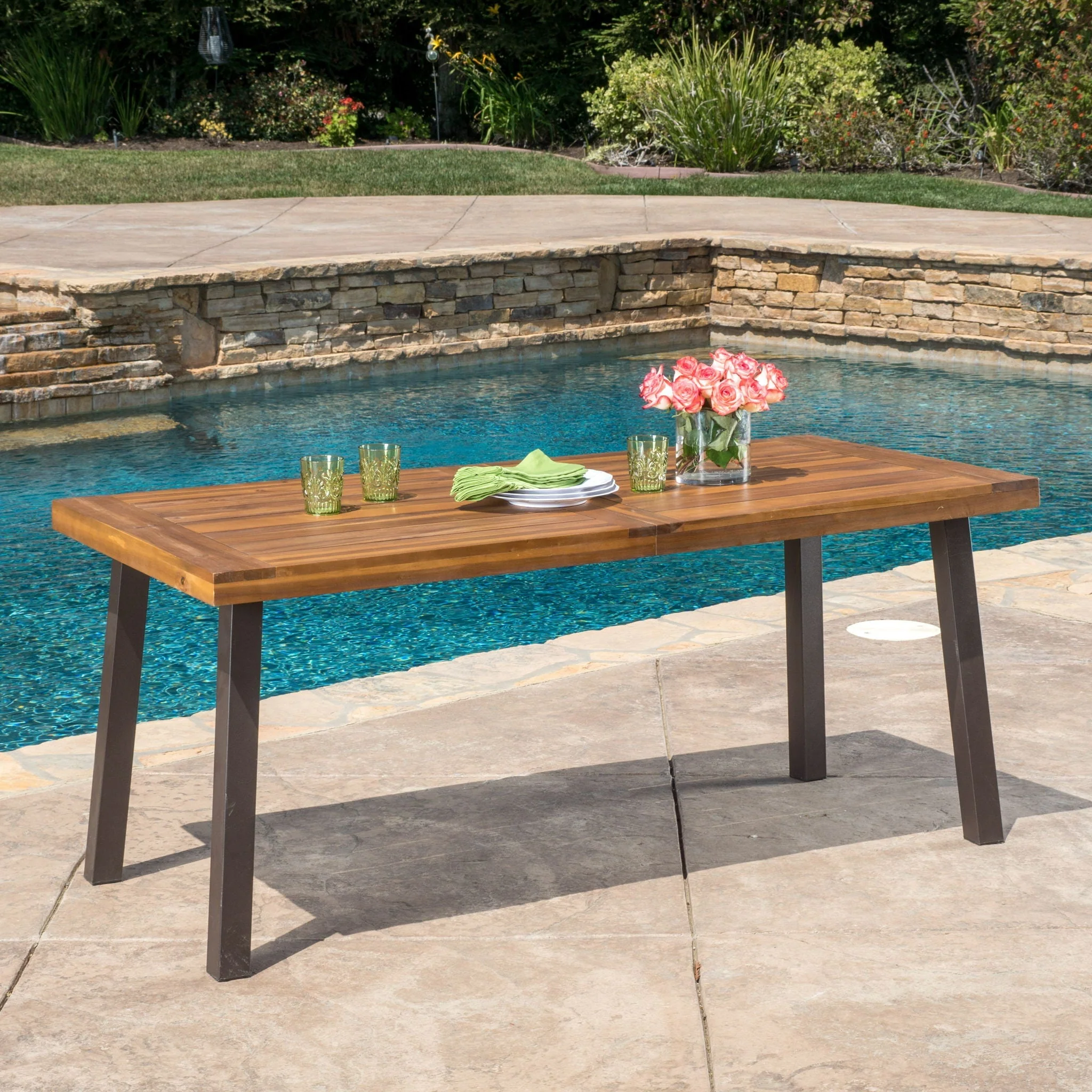 Della Modern Industrial Dining Table With Acacia Wood Top - Teak - Image 2