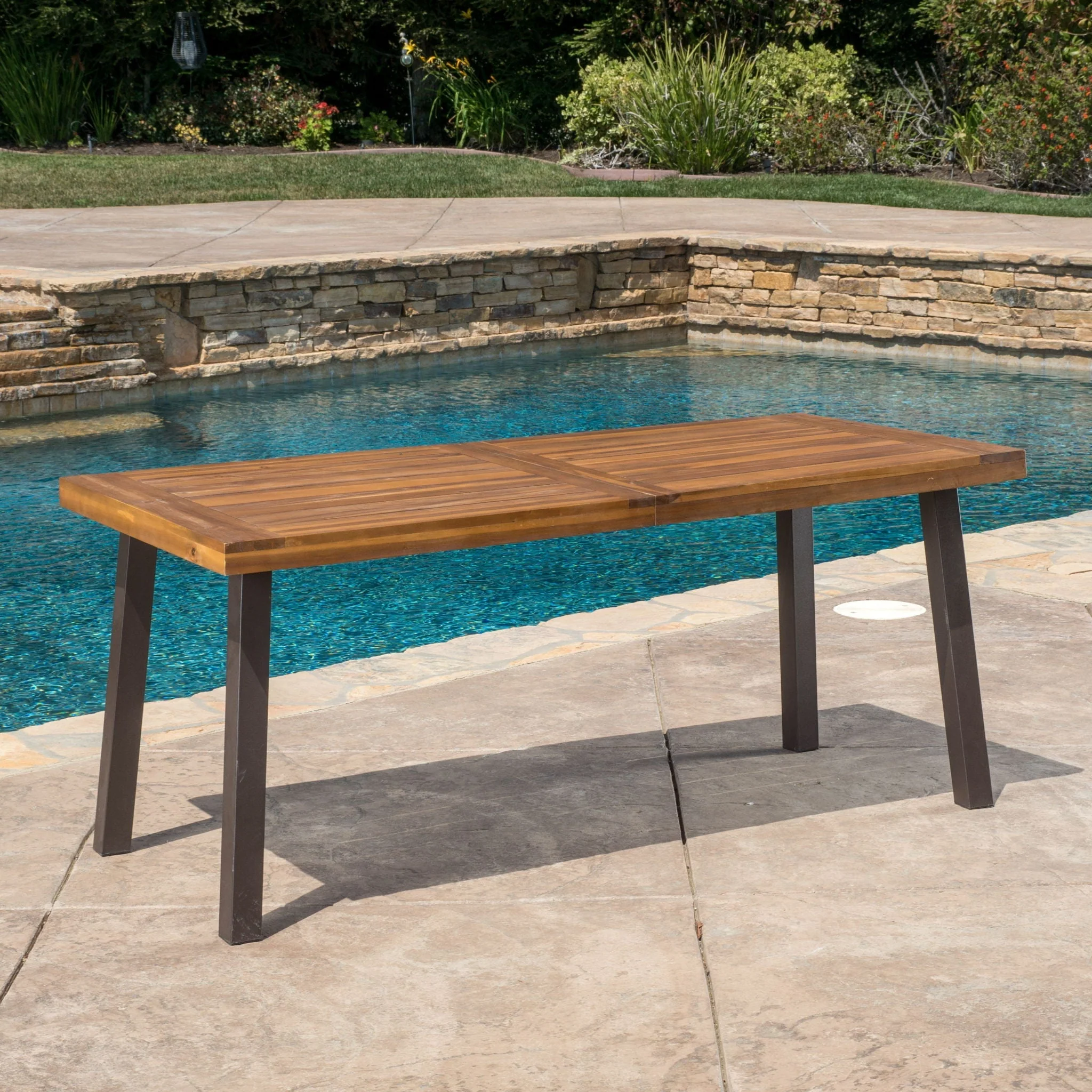 Della Modern Industrial Dining Table With Acacia Wood Top - Teak - Image 3