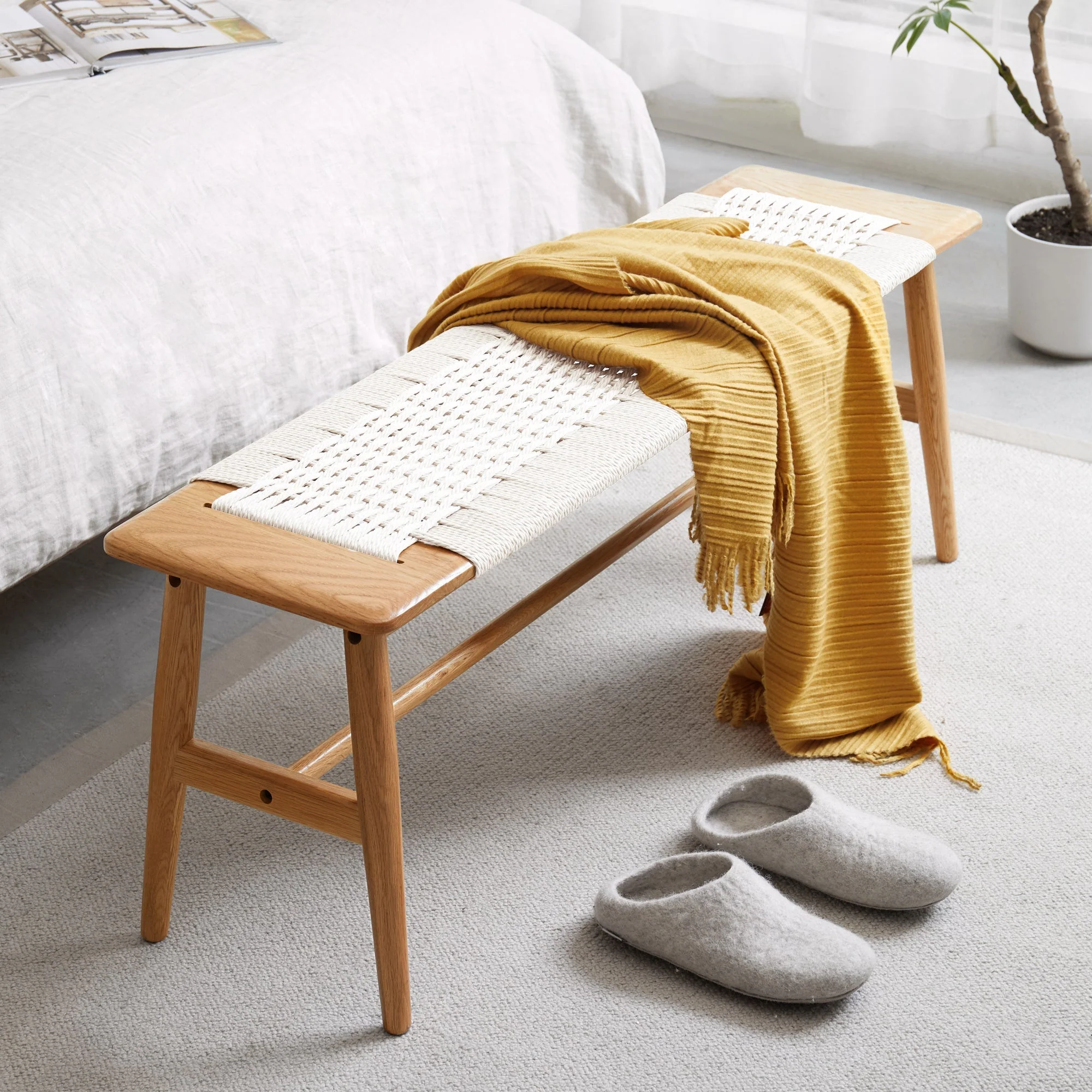 Design Natural Oak Wood Dining Bench with Handwoven Cane Seat in White - Image 2
