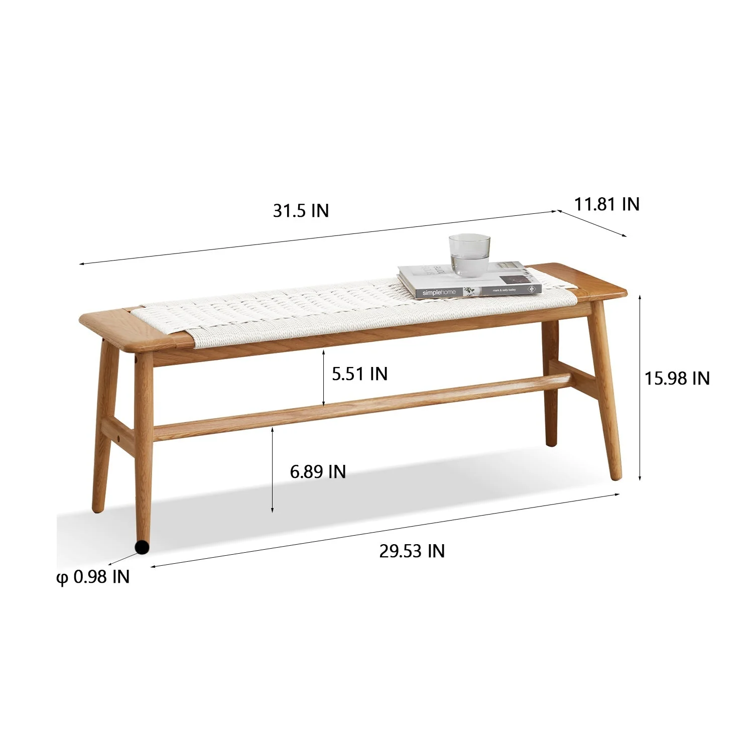 Design Natural Oak Wood Dining Bench with Handwoven Cane Seat in White - Image 3