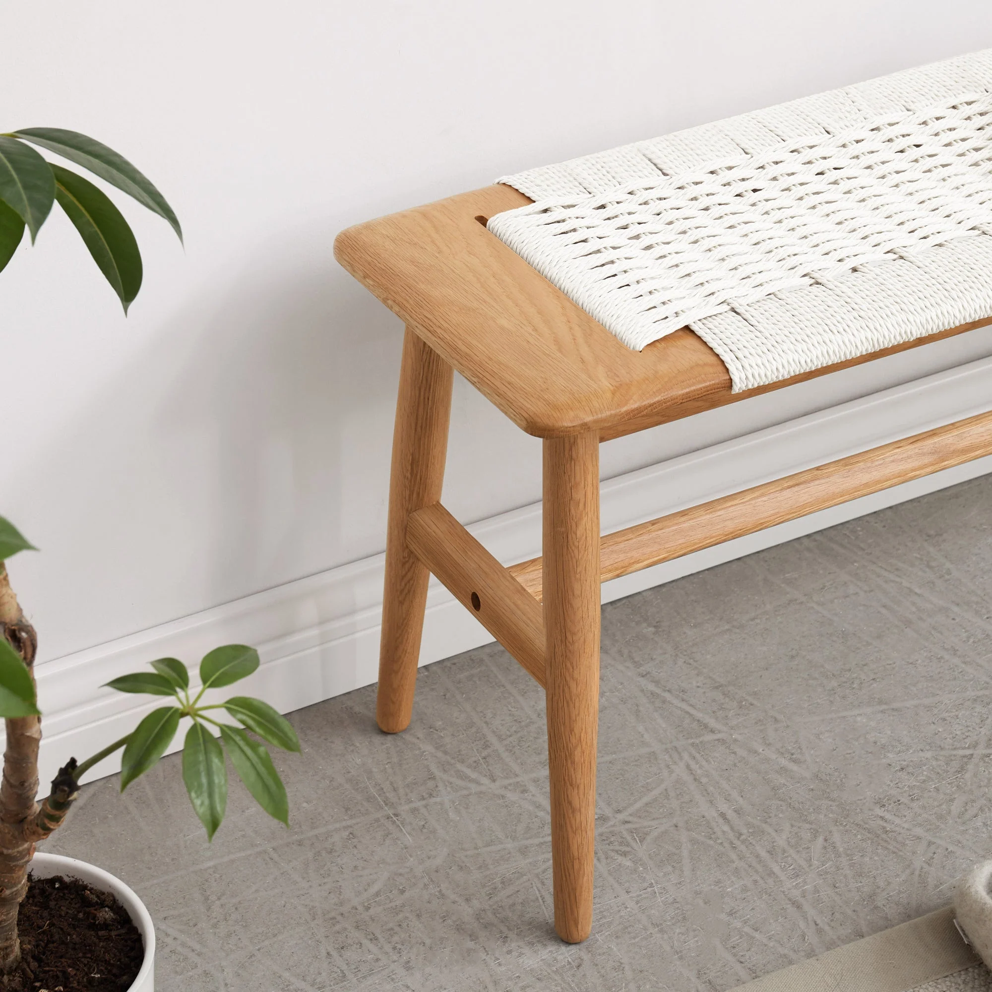 Design Natural Oak Wood Dining Bench with Handwoven Cane Seat in White - Image 4