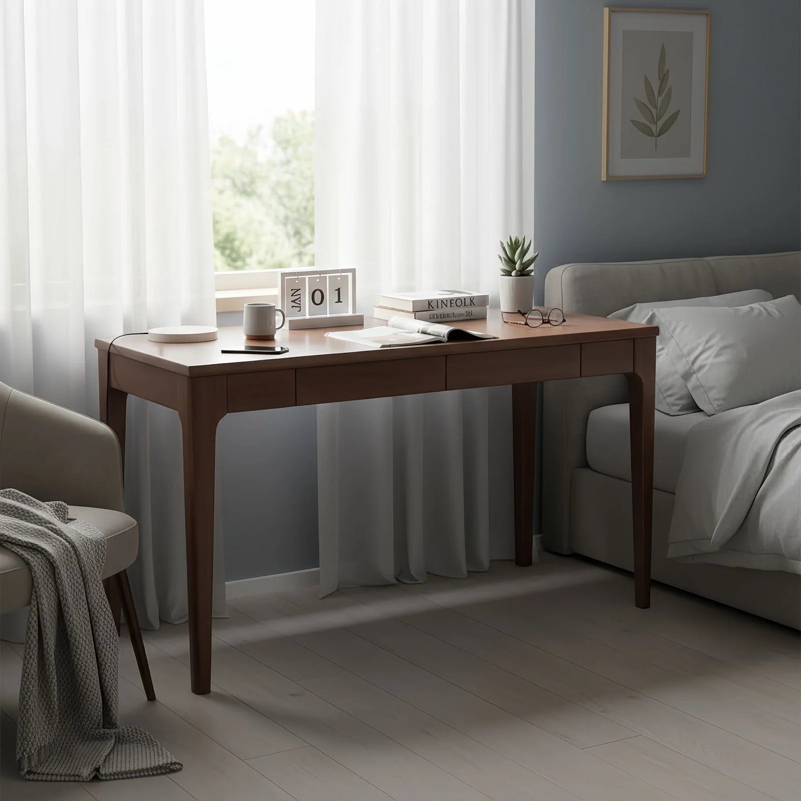 Desk With Drawers, Smooth Edge Design - Walnut - Image 2