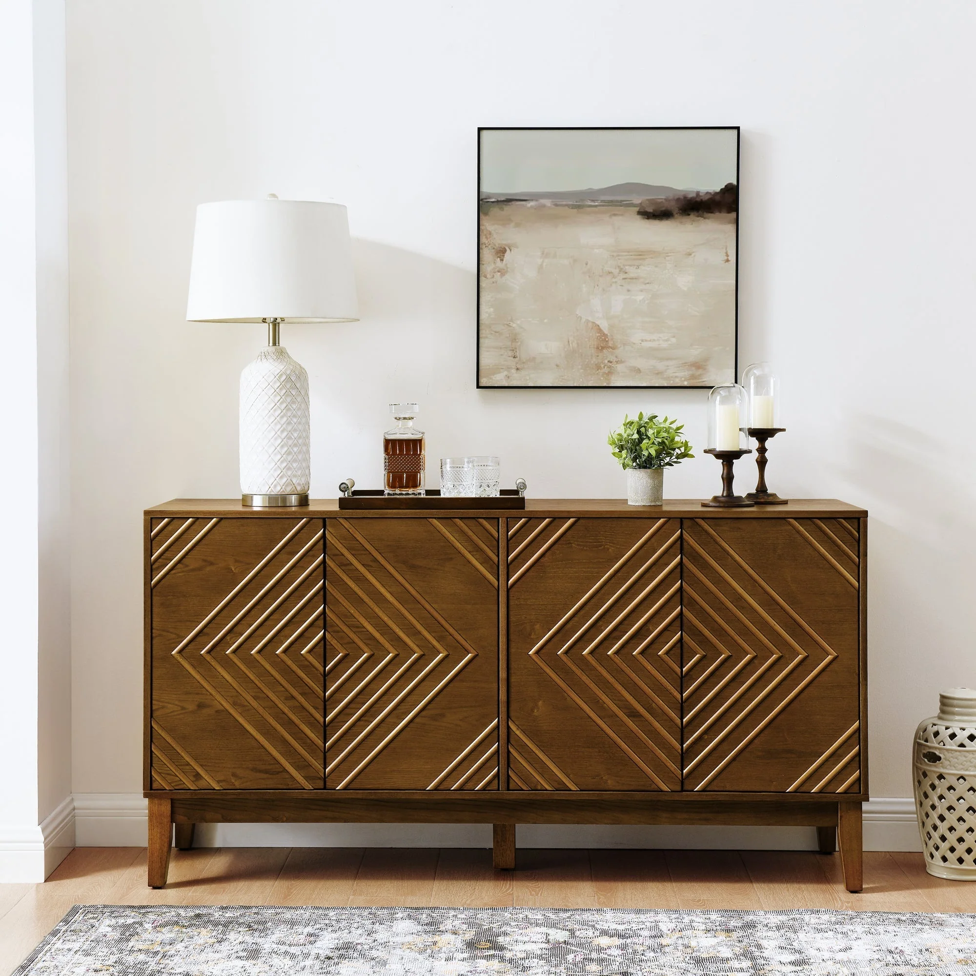 Diamond Fluted Sideboard Storage Cabinet with Adjustable Shelves - Image 2