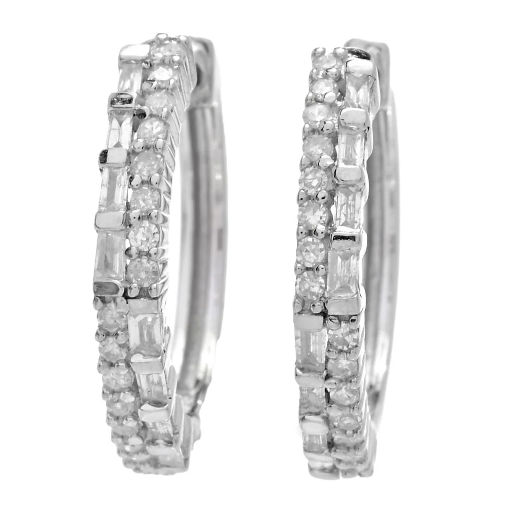 Diamond Treasures 0.35ctw Tapered Baguette & Round Diamond Hoop Earrings - Image 3