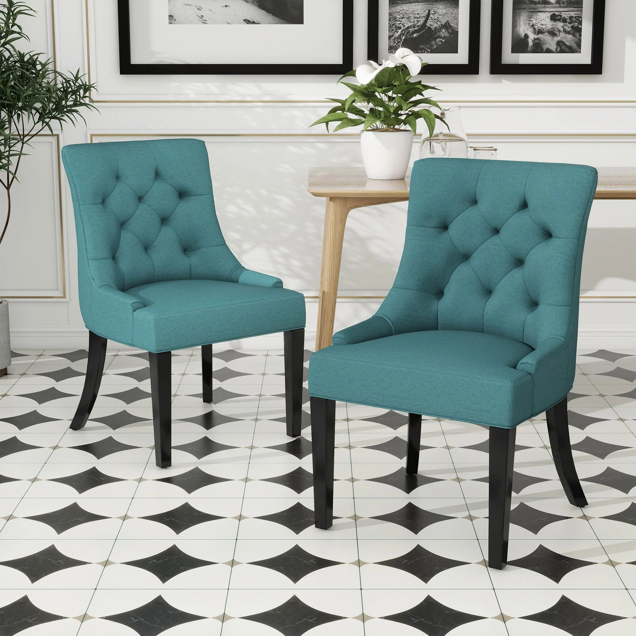 Dining Chair (Set of 2) With Upholstered Diamond Tufting And Espresso Birch Legs - Teal - Image 2