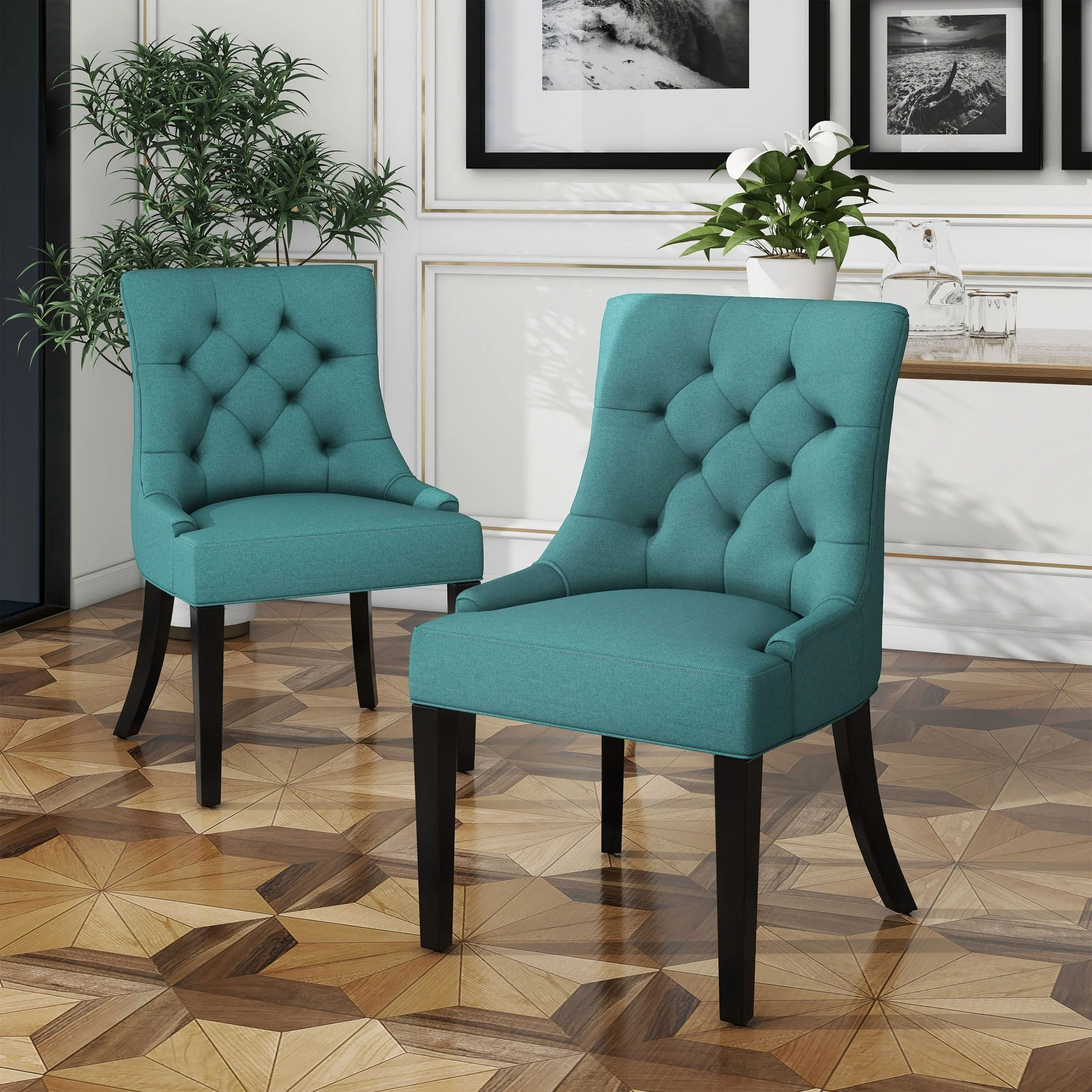 Dining Chair (Set of 2) With Upholstered Diamond Tufting And Espresso Birch Legs - Teal - Image 3