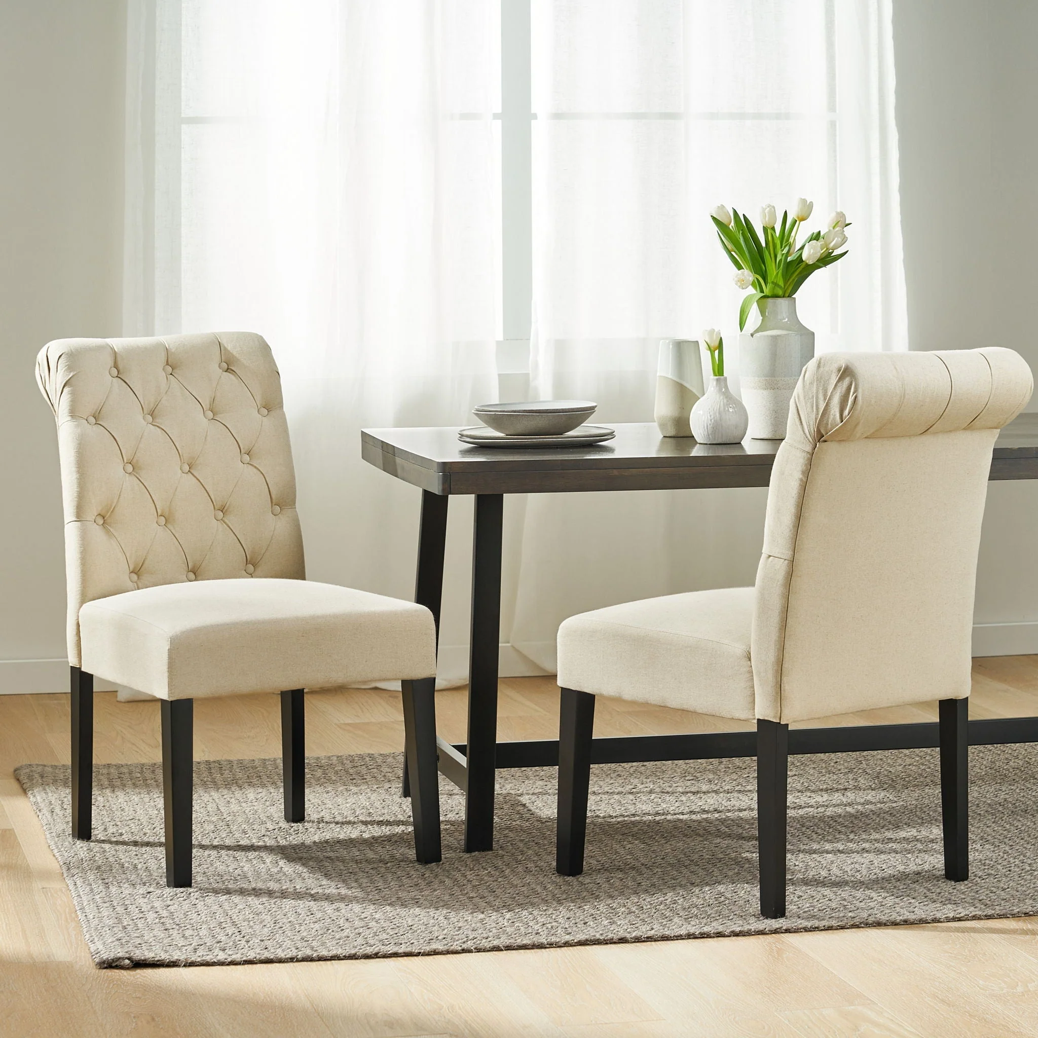 Dining Rolltop Chairs (Set of 2) - Upholstered Armless Chair with Wood Legs in Ivory - Image 3