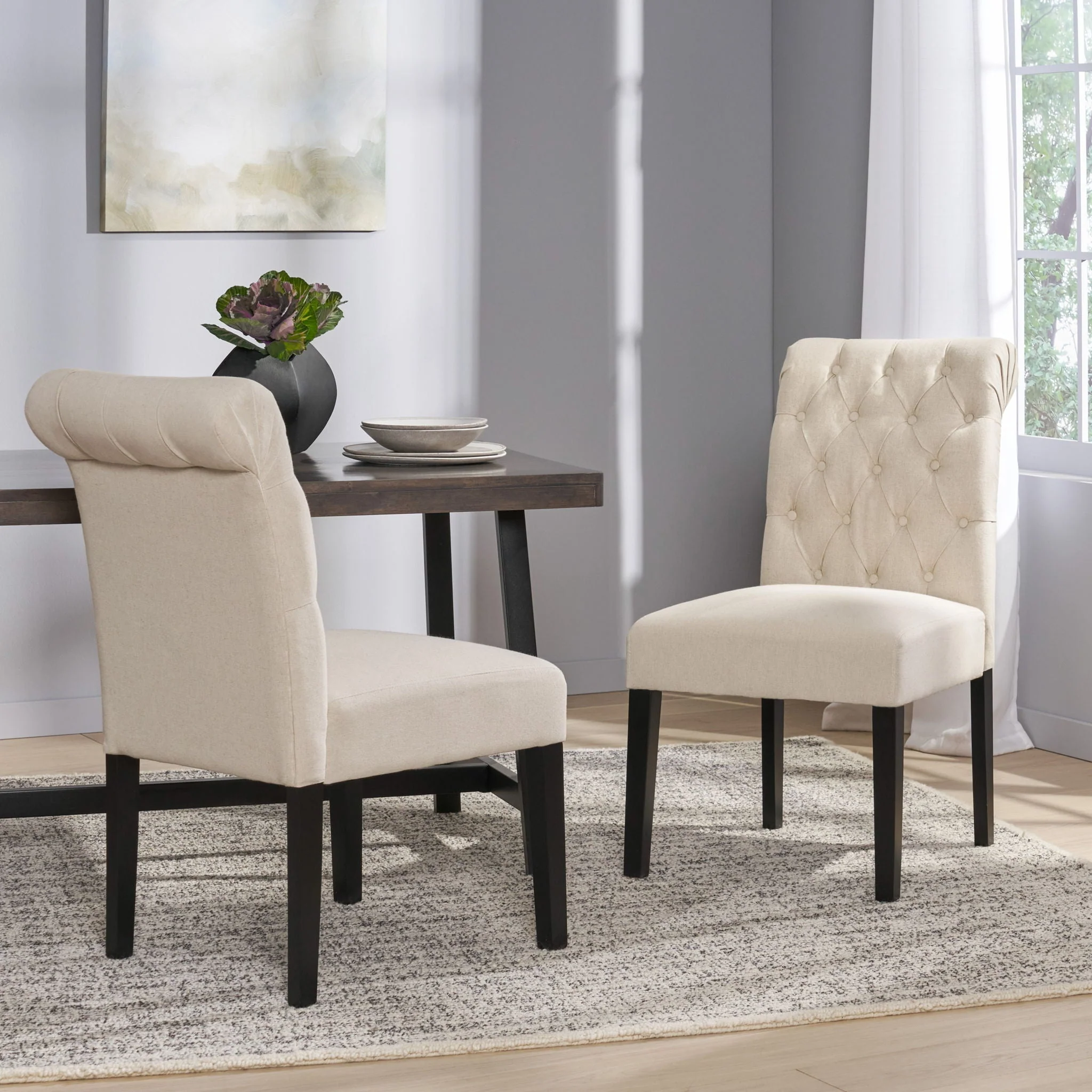 Dining Rolltop Chairs (Set of 2) - Upholstered Armless Chair with Wood Legs in Ivory - Image 4