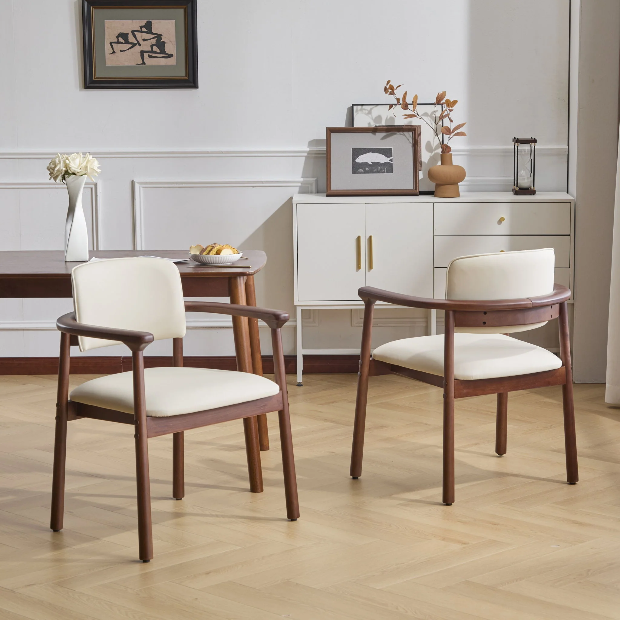 Dining Room Chairs, Ideal For Home & Kitchen (Set of 2) - Beige / Dark Walnut - Image 3