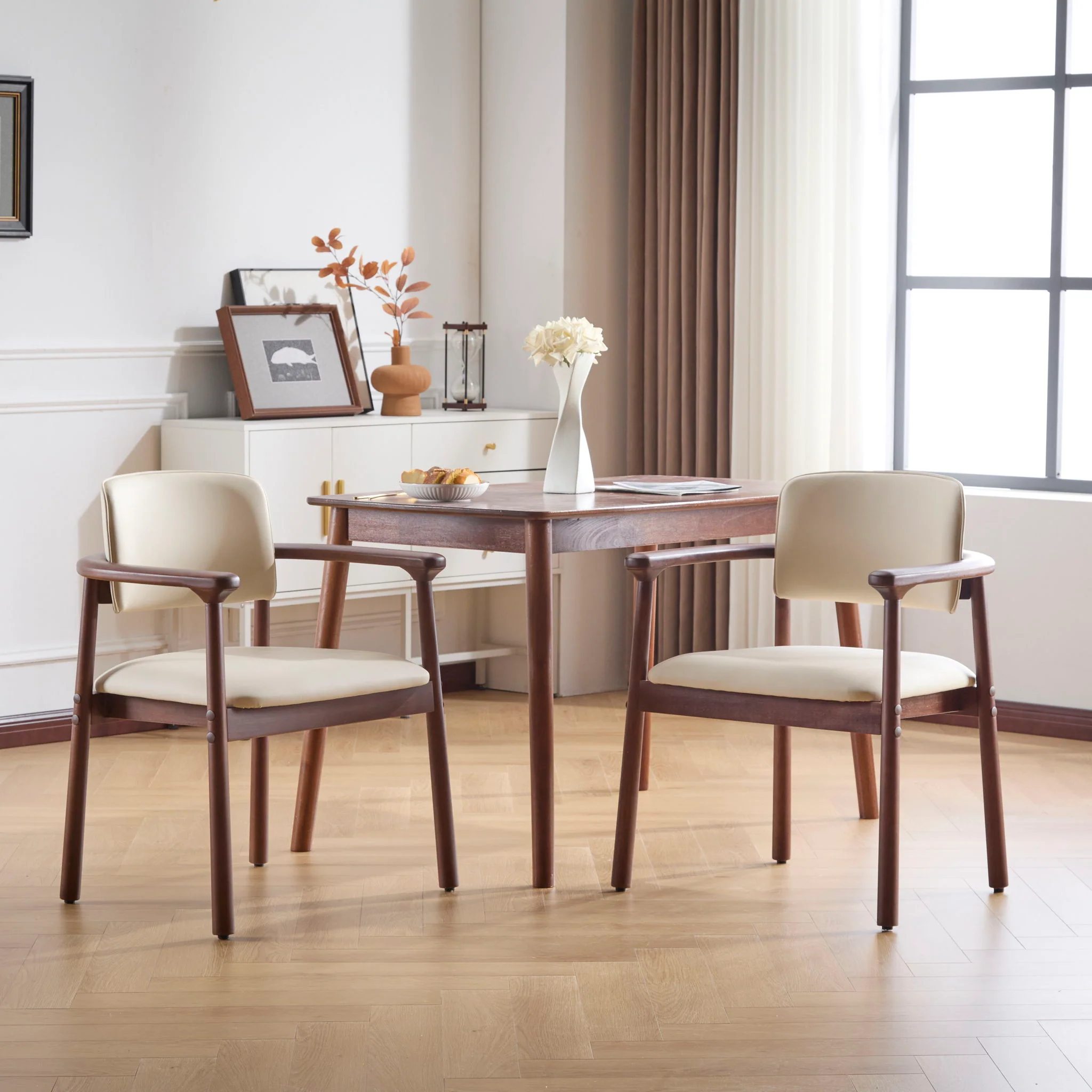 Dining Room Chairs, Ideal For Home & Kitchen (Set of 2) - Beige / Dark Walnut - Image 4