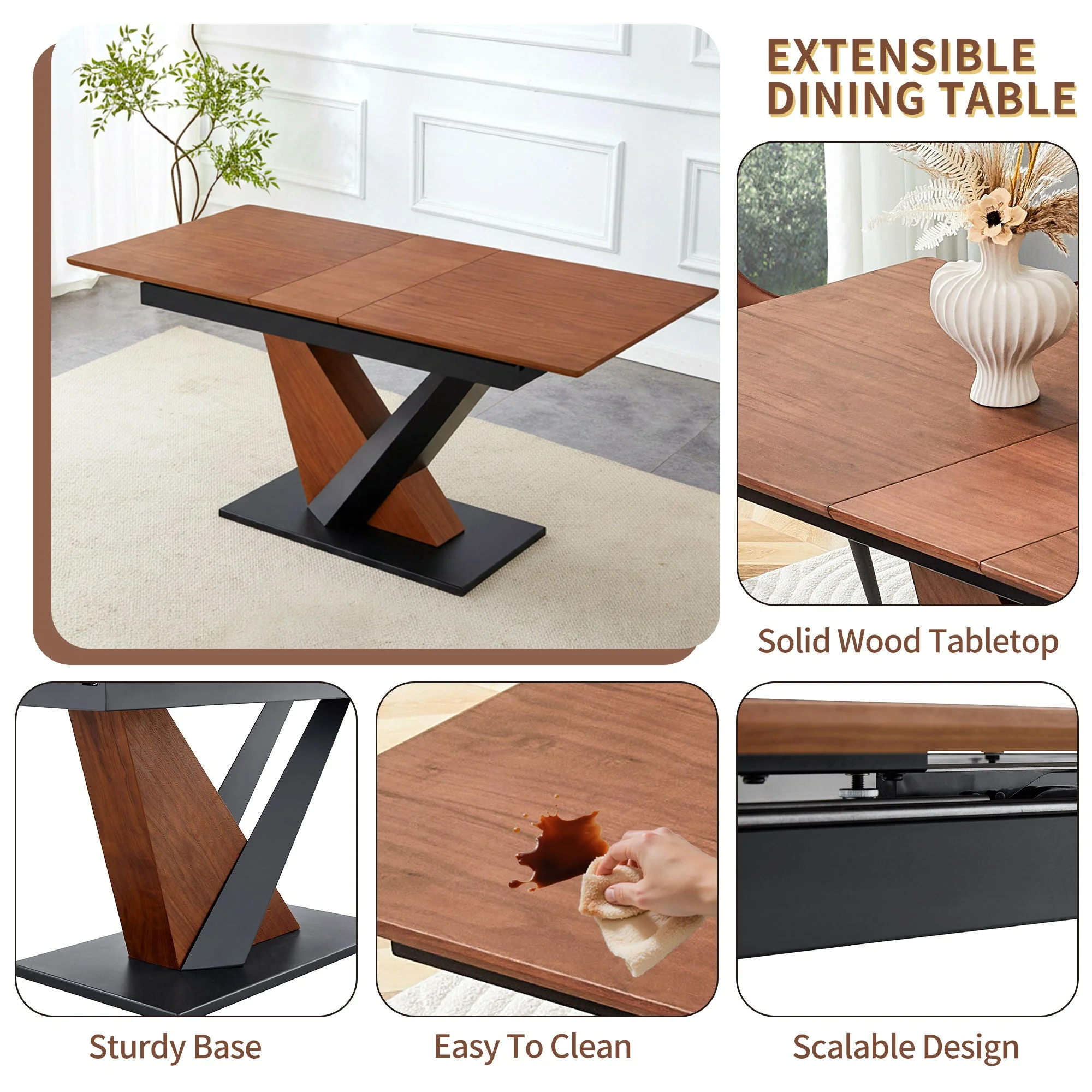 Dining Table, Scratch Resistant, Cross Geometric Legs For Kitchen & Dining Room - Dark Walnut - Image 2