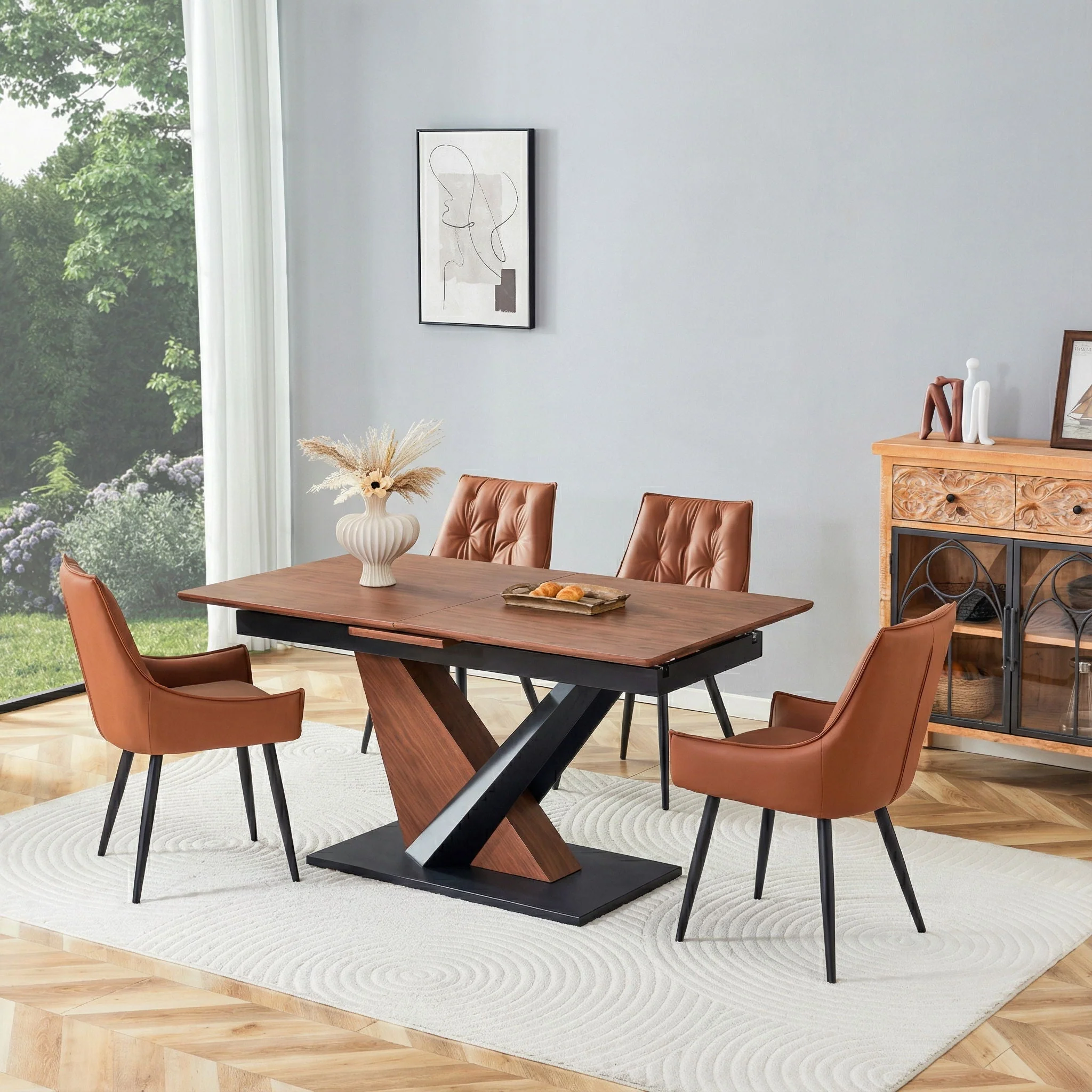 Dining Table, Scratch Resistant, Cross Geometric Legs For Kitchen & Dining Room - Dark Walnut - Image 3