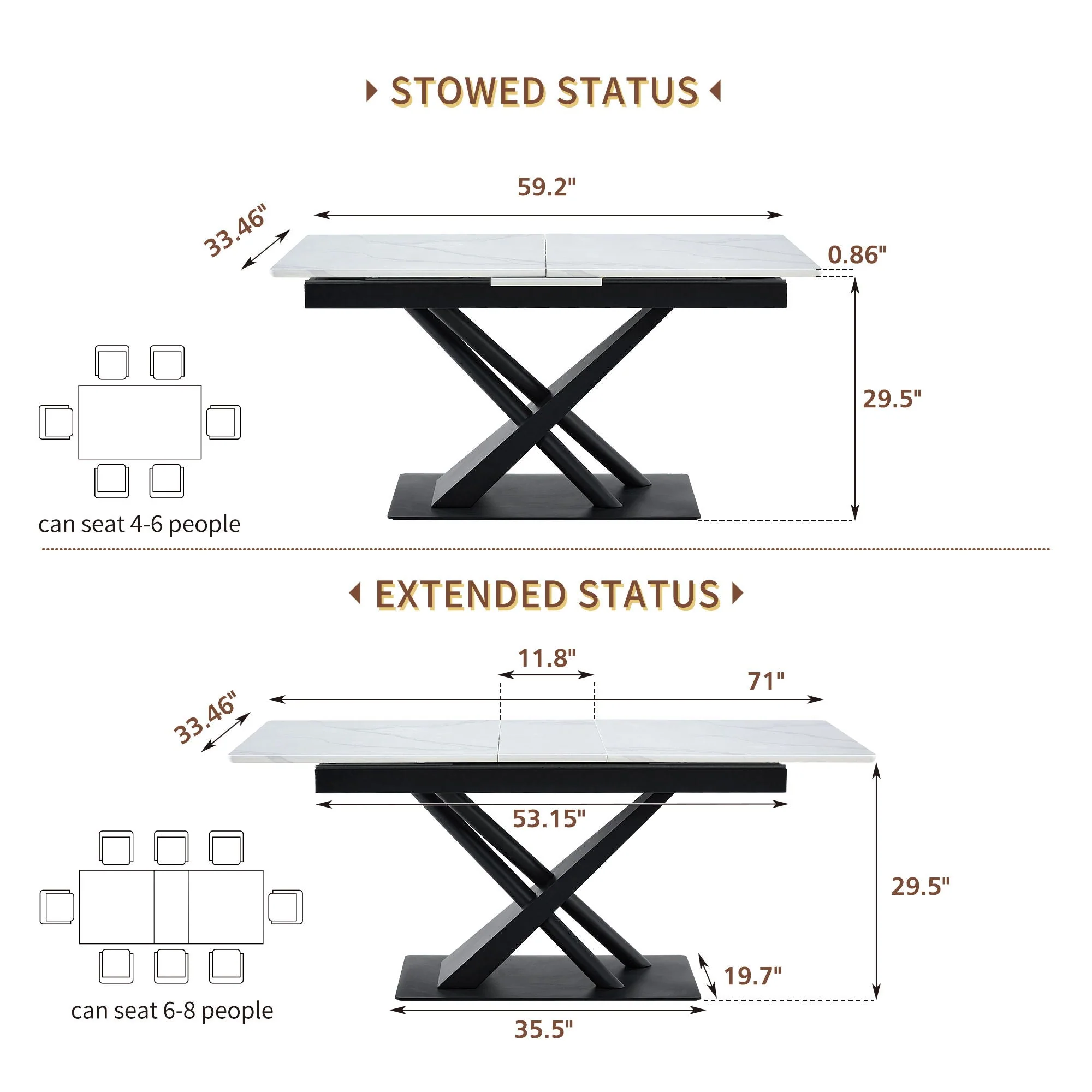 Dining Table With Geometric X Frame For Kitchen Or Dining Room - White Marble - Image 3