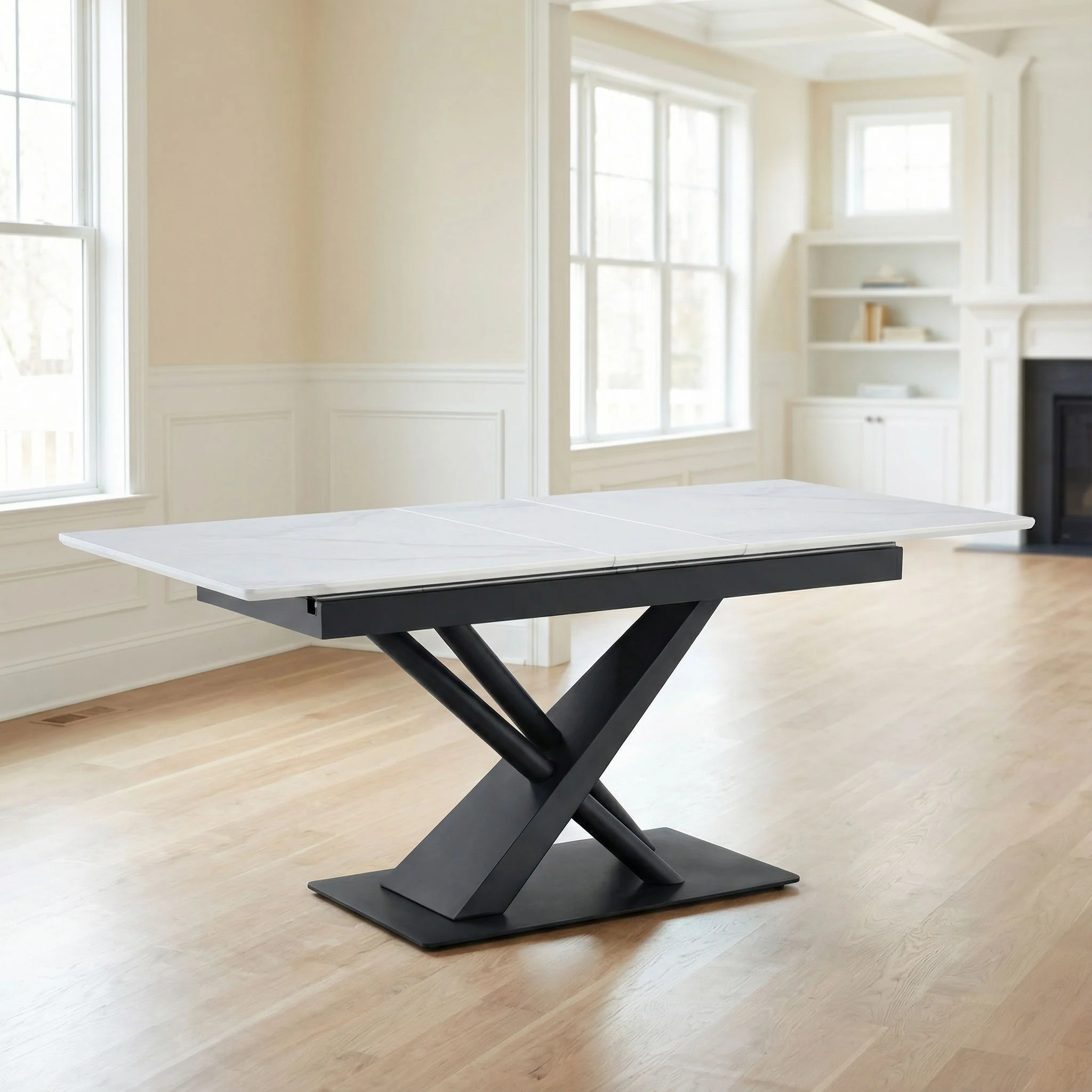 Dining Table With Geometric X Frame For Kitchen Or Dining Room - White Marble - Image 4