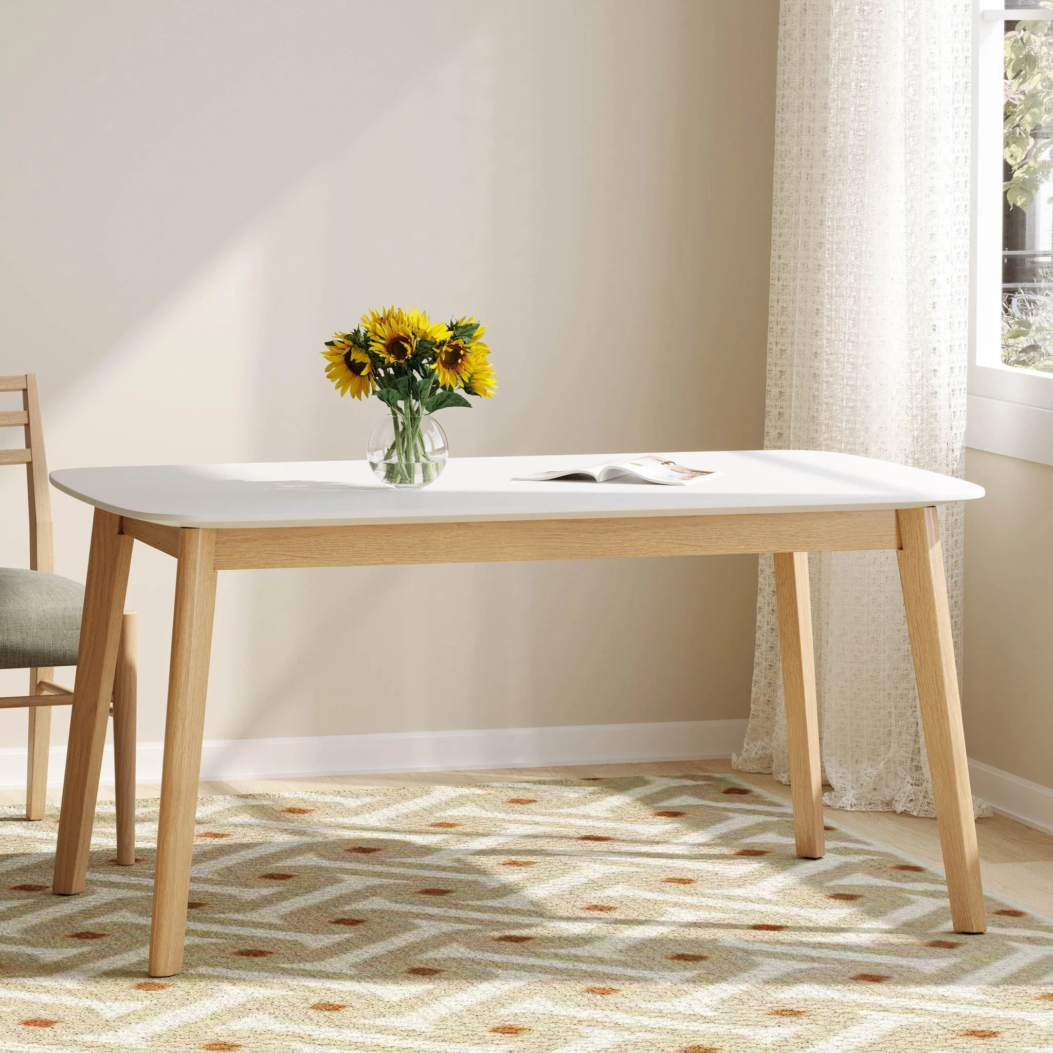 Dining Table With Splayed Rubberwood Legs & Faux Wood Tabletop, Mid Century Modern - White Oak - Image 3