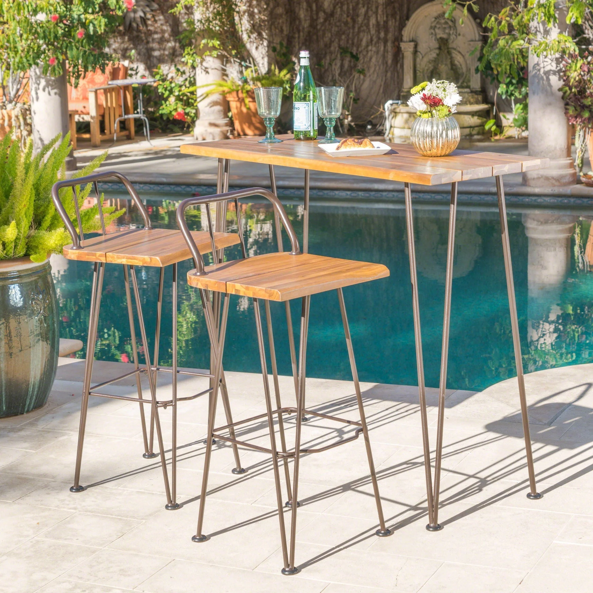 Dione Outdoor Industrial Acacia Wood Bar Set With Metal Frame And Slat Paneling - Brown - Image 2