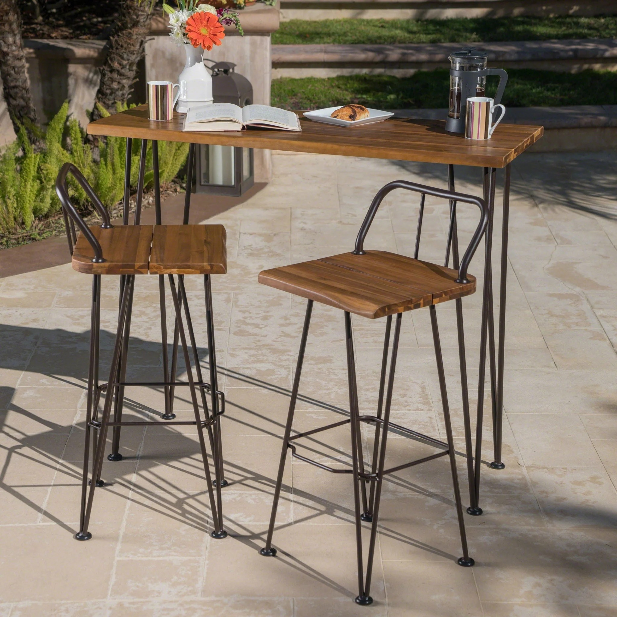 Dione Outdoor Industrial Acacia Wood Bar Set With Metal Frame And Slat Paneling - Brown - Image 4