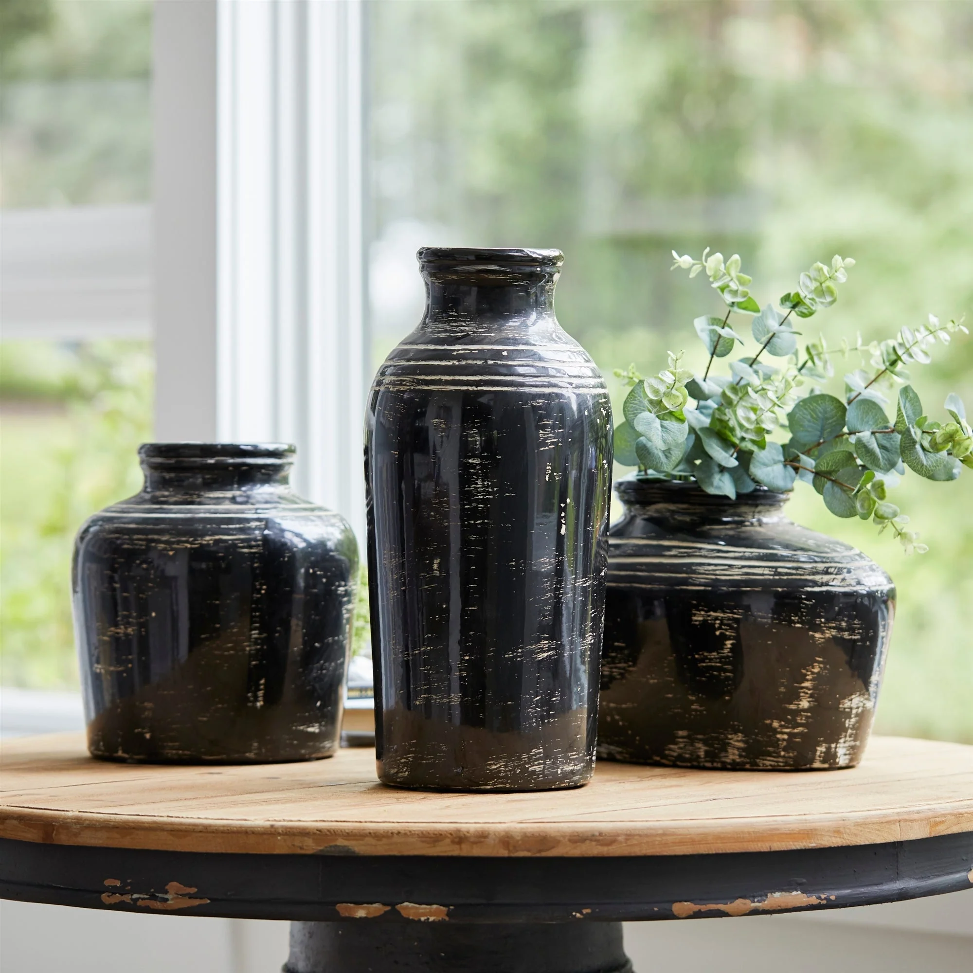 Distressed Black Ceramic Vase with Ivory Accent 17.5"H - Image 2