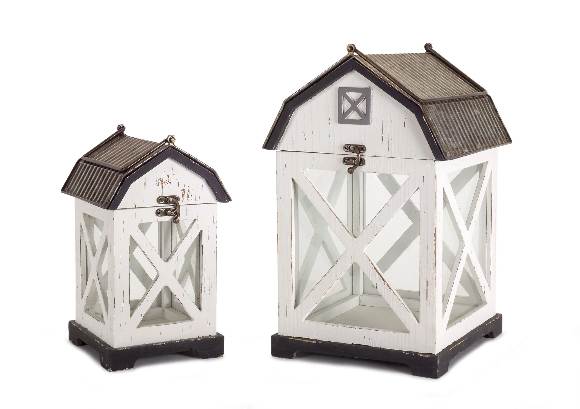 Distressed White Wood Barn Style Lantern (Set of 2)