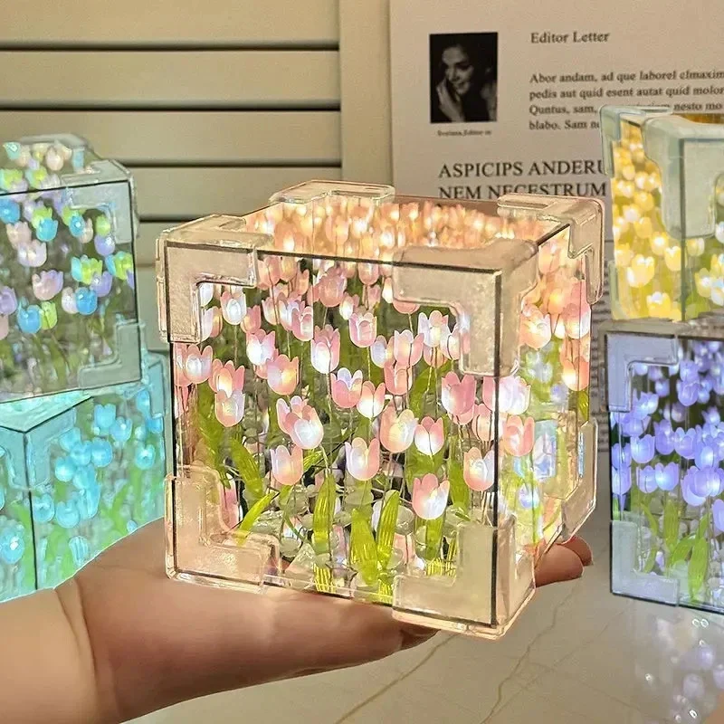 DIY Tulip Flower Night Light Kit Handmade Cube Lamp Aesthetic Room Decor Gift Set - Image 2