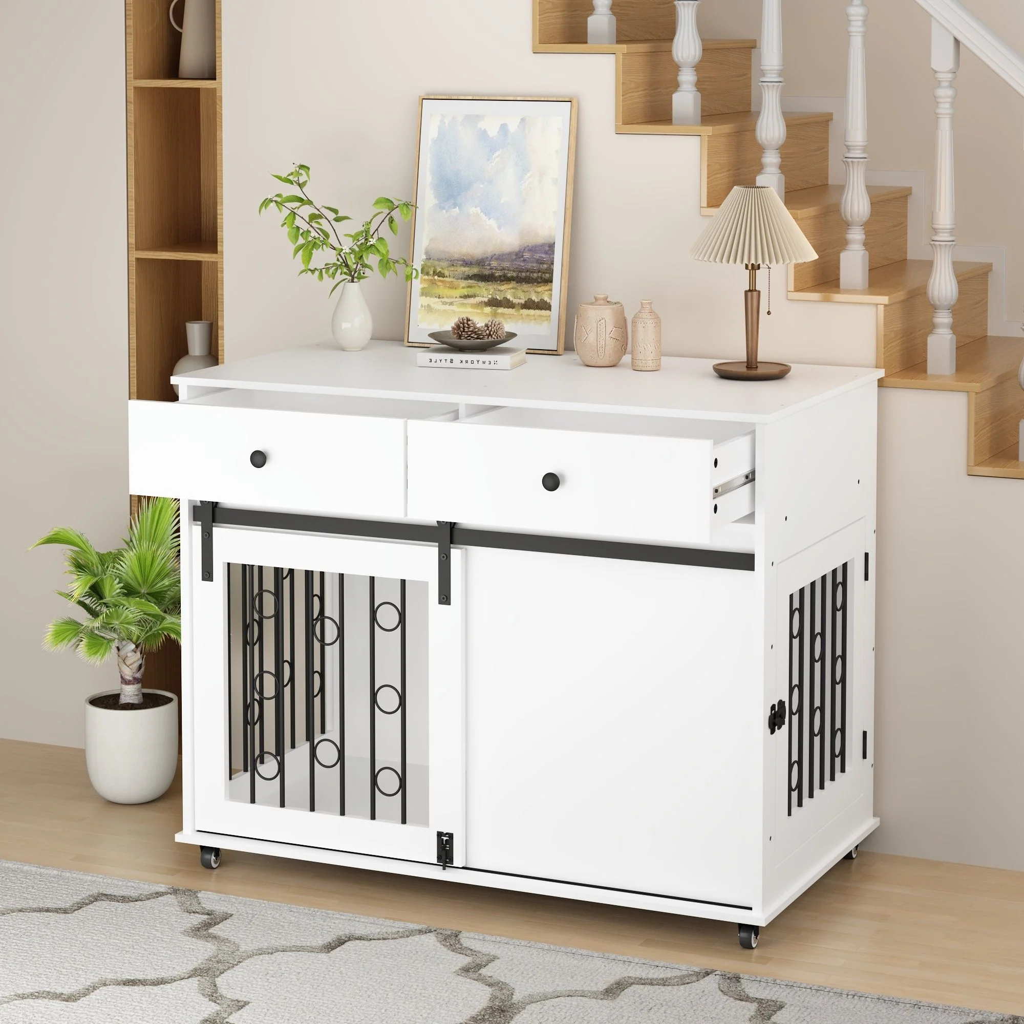 Dog Crate Furniture With Double Drawers And Sliding Barn Door, Pet Kennel For Small To Medium Dogs - White - Image 3