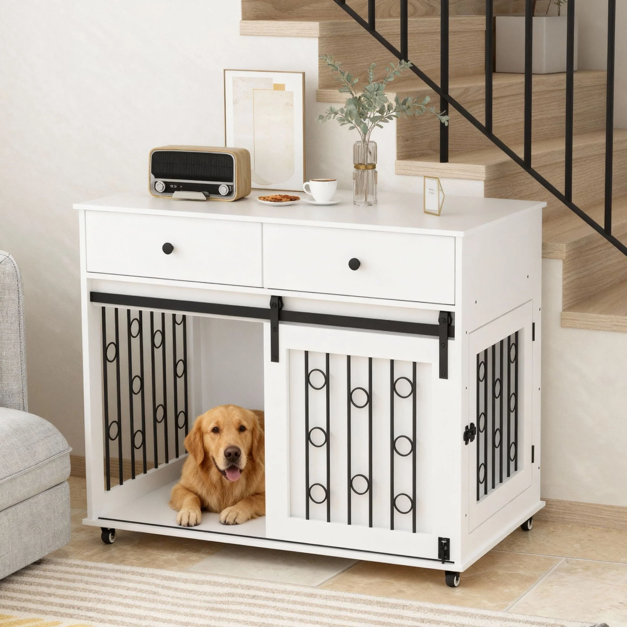 Dog Crate Furniture With Double Drawers And Sliding Barn Door, Pet Kennel For Small To Medium Dogs - White - Image 4