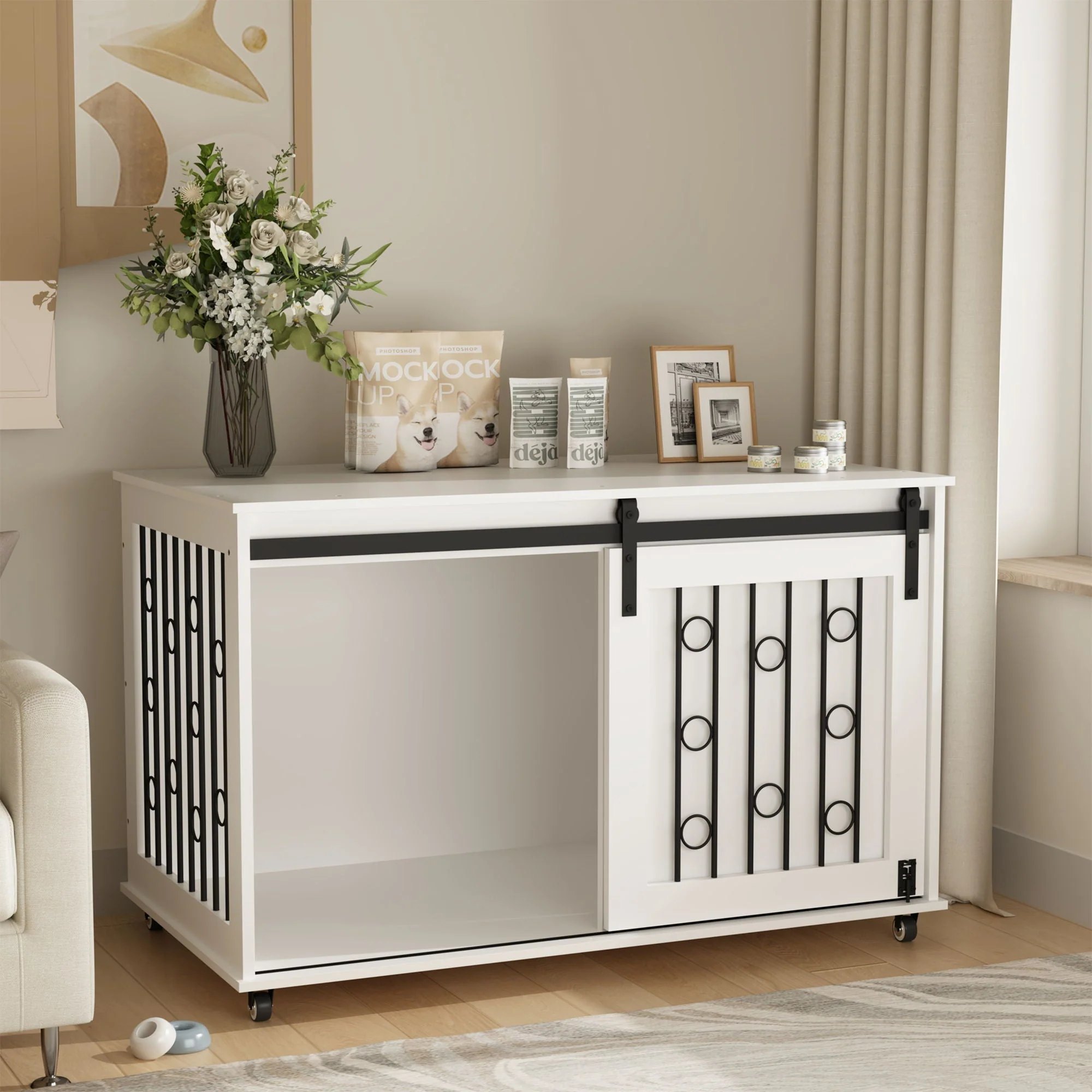 Dog Crate With Sliding Barn Door And Side Access, Lockable Wheels For Small To Medium Dogs - White - Image 3