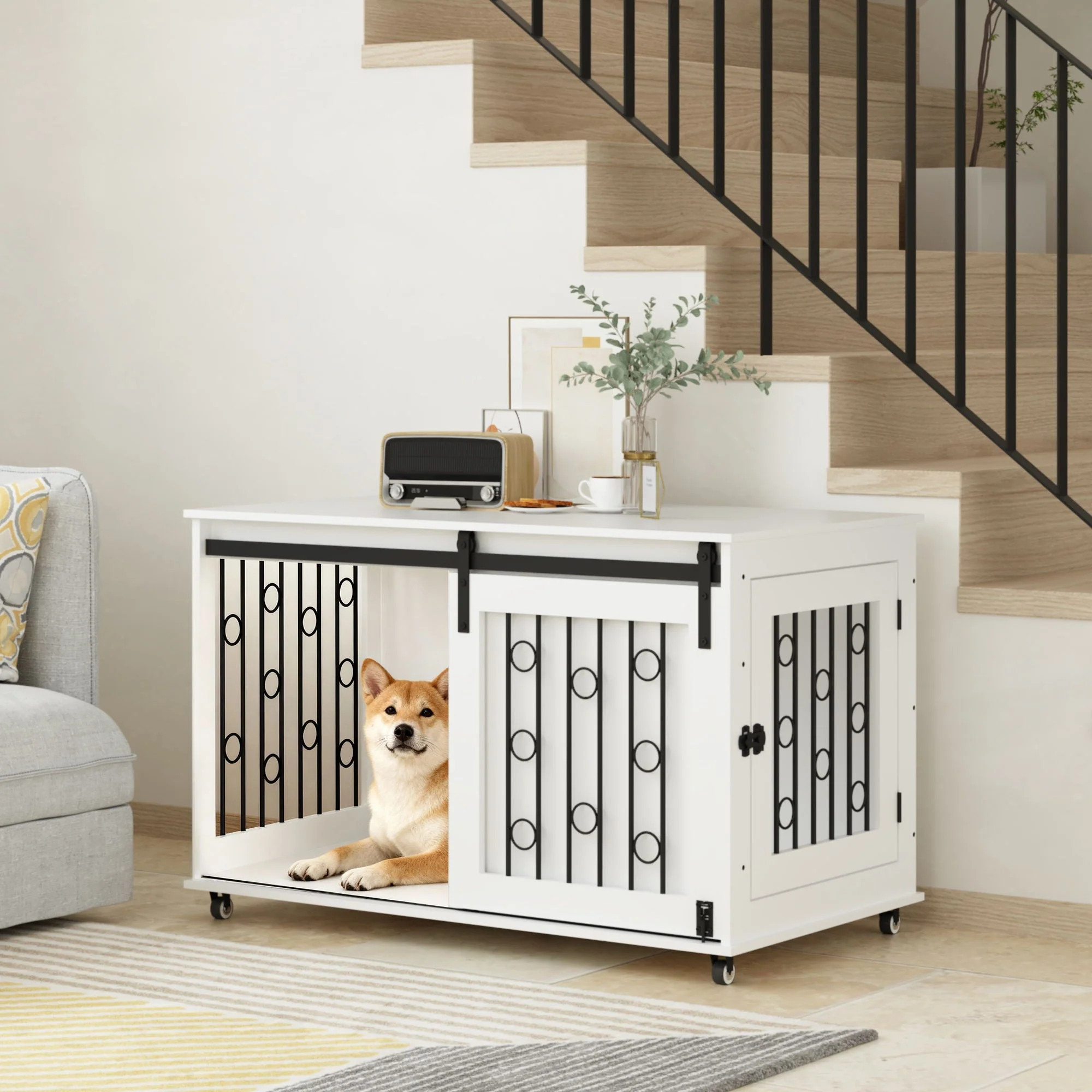 Dog Crate With Sliding Barn Door And Side Access, Lockable Wheels For Small To Medium Dogs - White - Image 4
