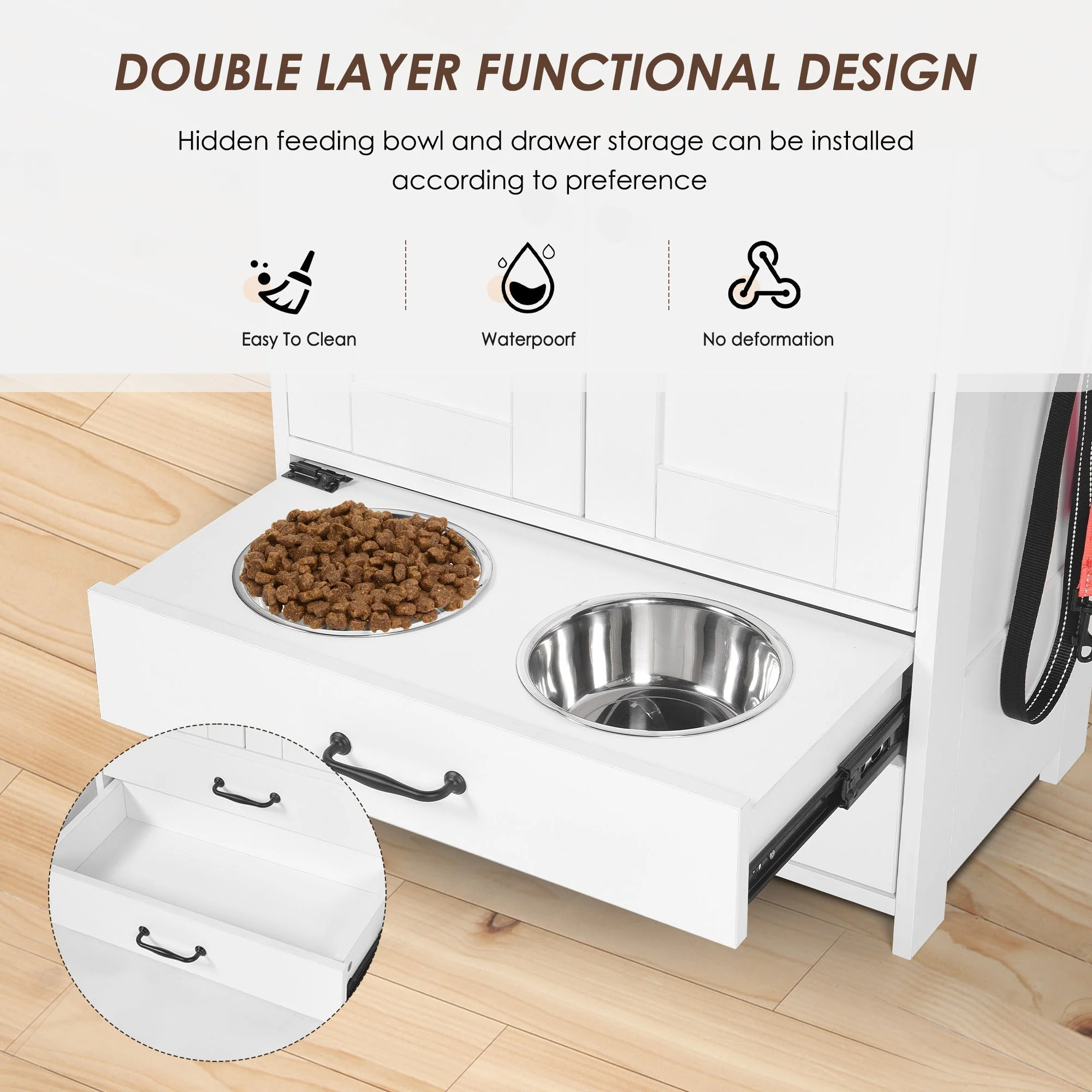 Dog Feeding Station Double Door Locker with 2 Adjustable Dog Bowls White - Image 14