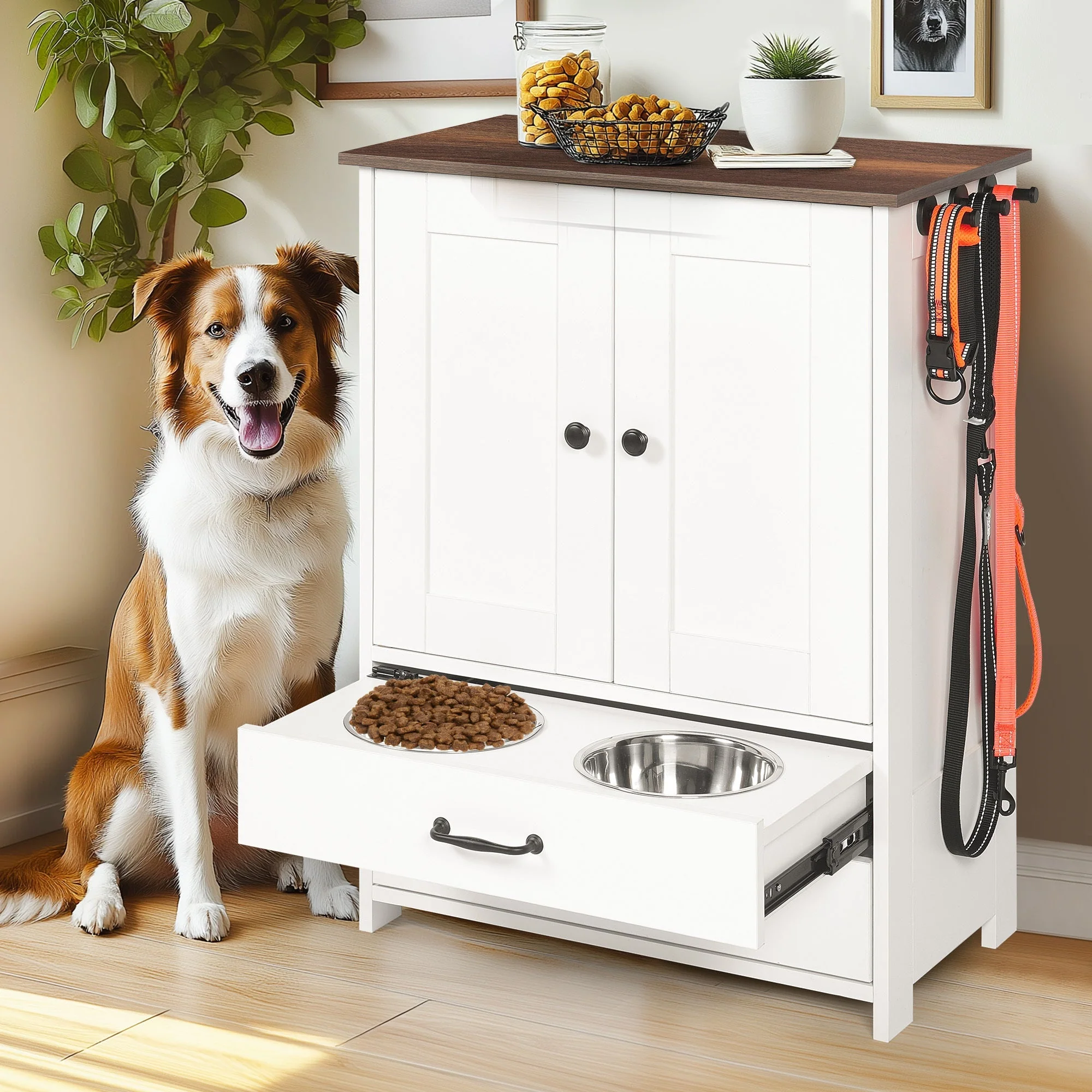 Dog Feeding Station Double Door Locker with 2 Adjustable Dog Bowls White - Image 2