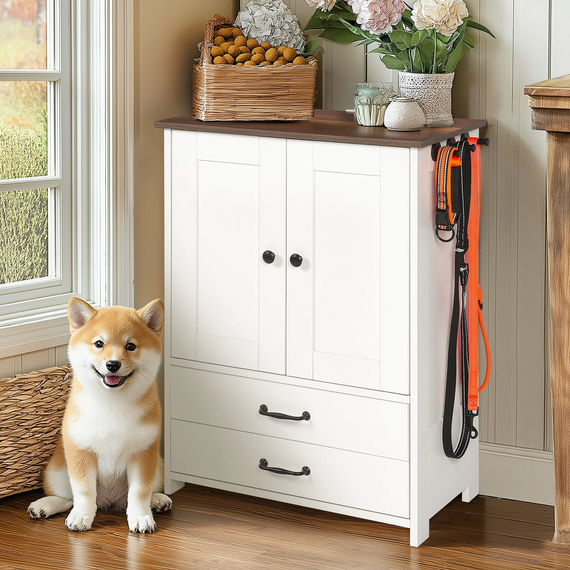 Dog Feeding Station Double Door Locker with 2 Adjustable Dog Bowls White - Image 3