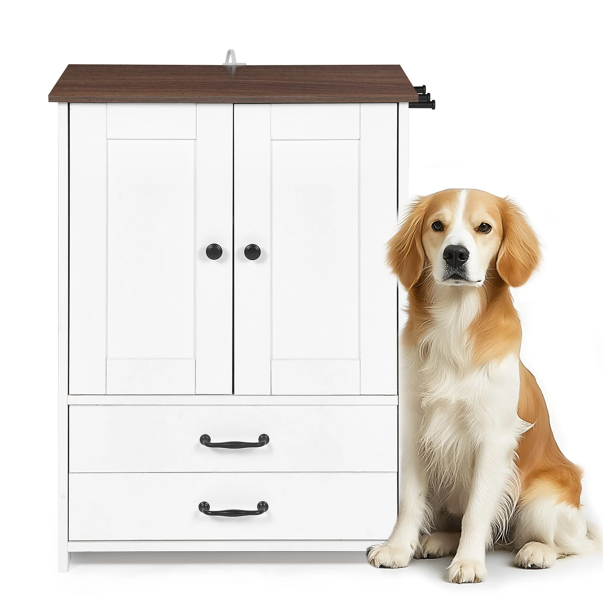 Dog Feeding Station Double Door Locker with 2 Adjustable Dog Bowls White - Image 5