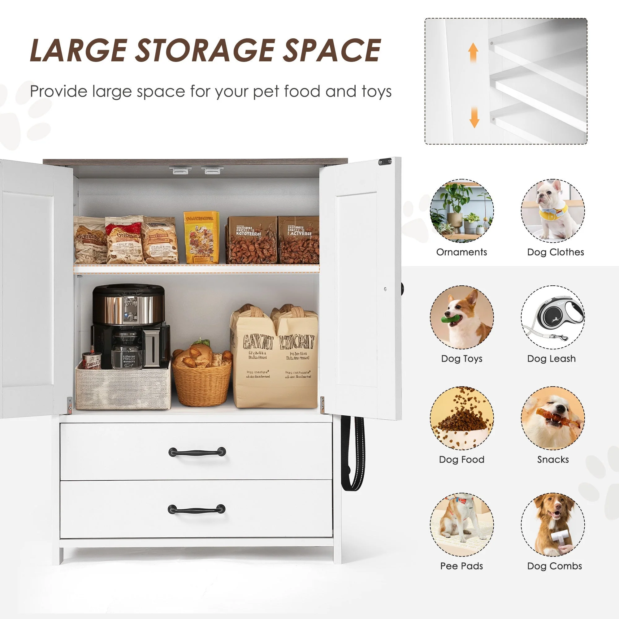 Dog Feeding Station Double Door Locker with 2 Adjustable Dog Bowls White - Image 9