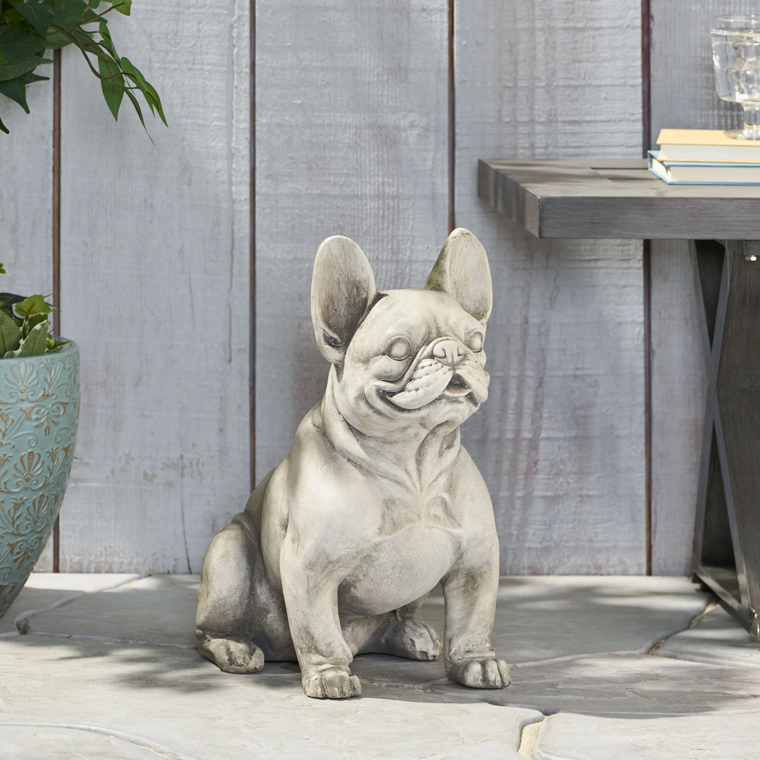 Dog Garden Sculpture, Outdoor French Bulldog Garden Statue, Rustic White - Image 2