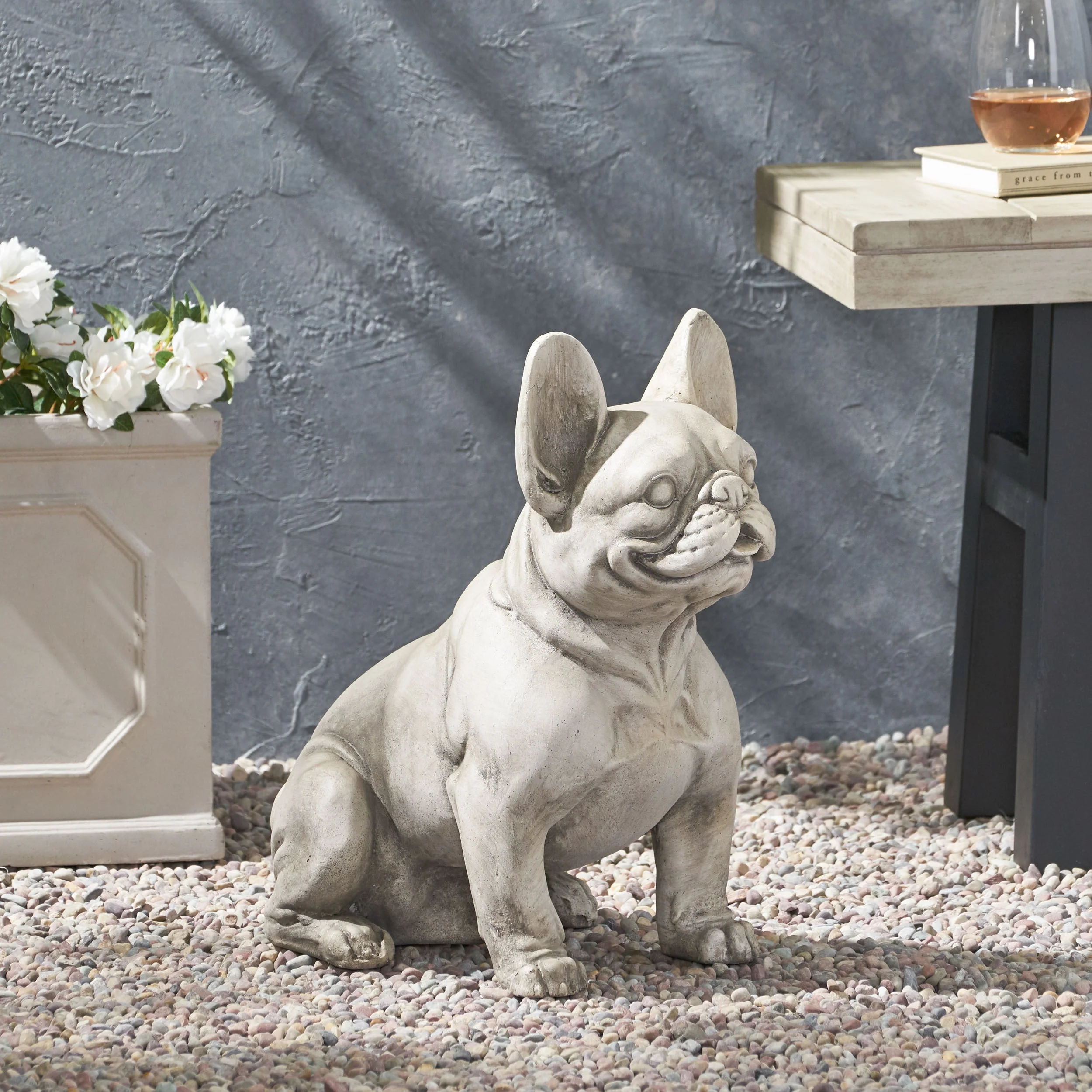 Dog Garden Sculpture, Outdoor French Bulldog Garden Statue, Rustic White - Image 4