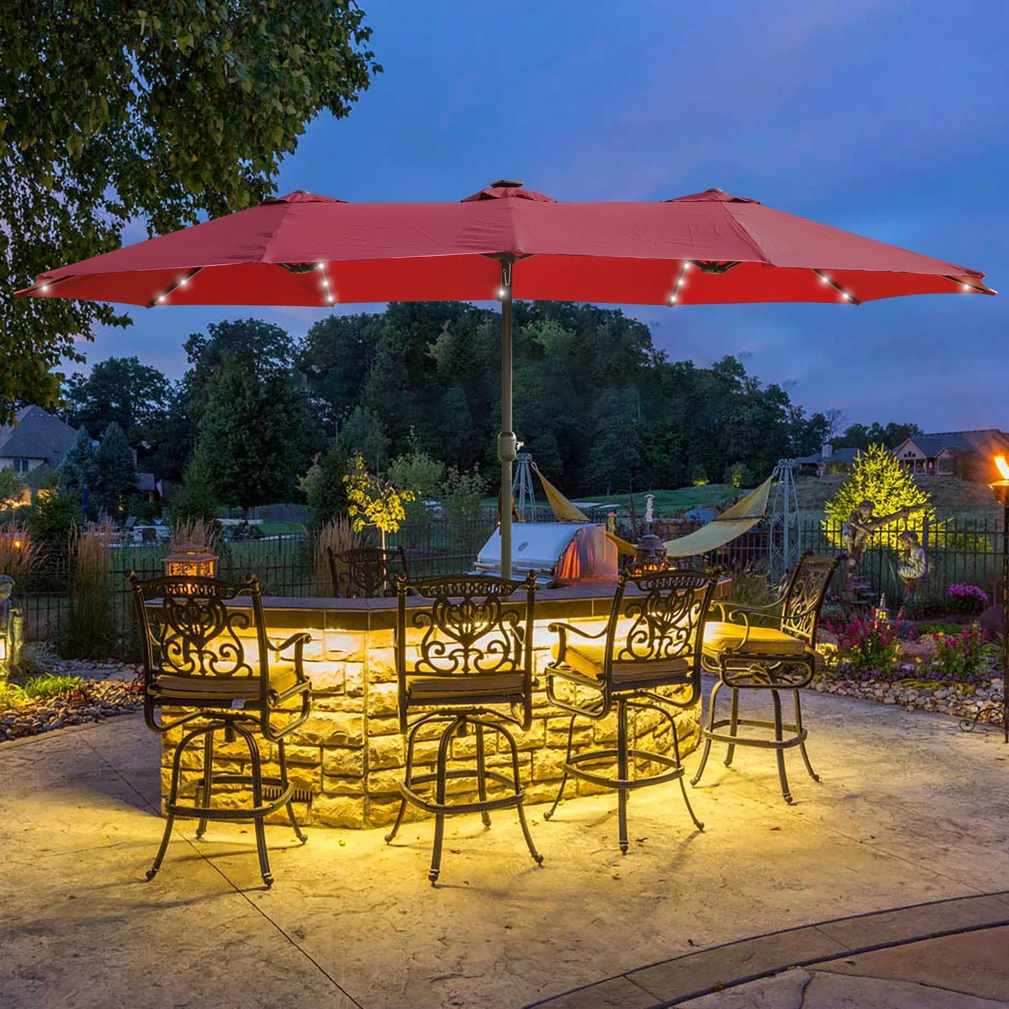 Double- Sided Outdoor Market Umbrella With Lights And Base - Image 6