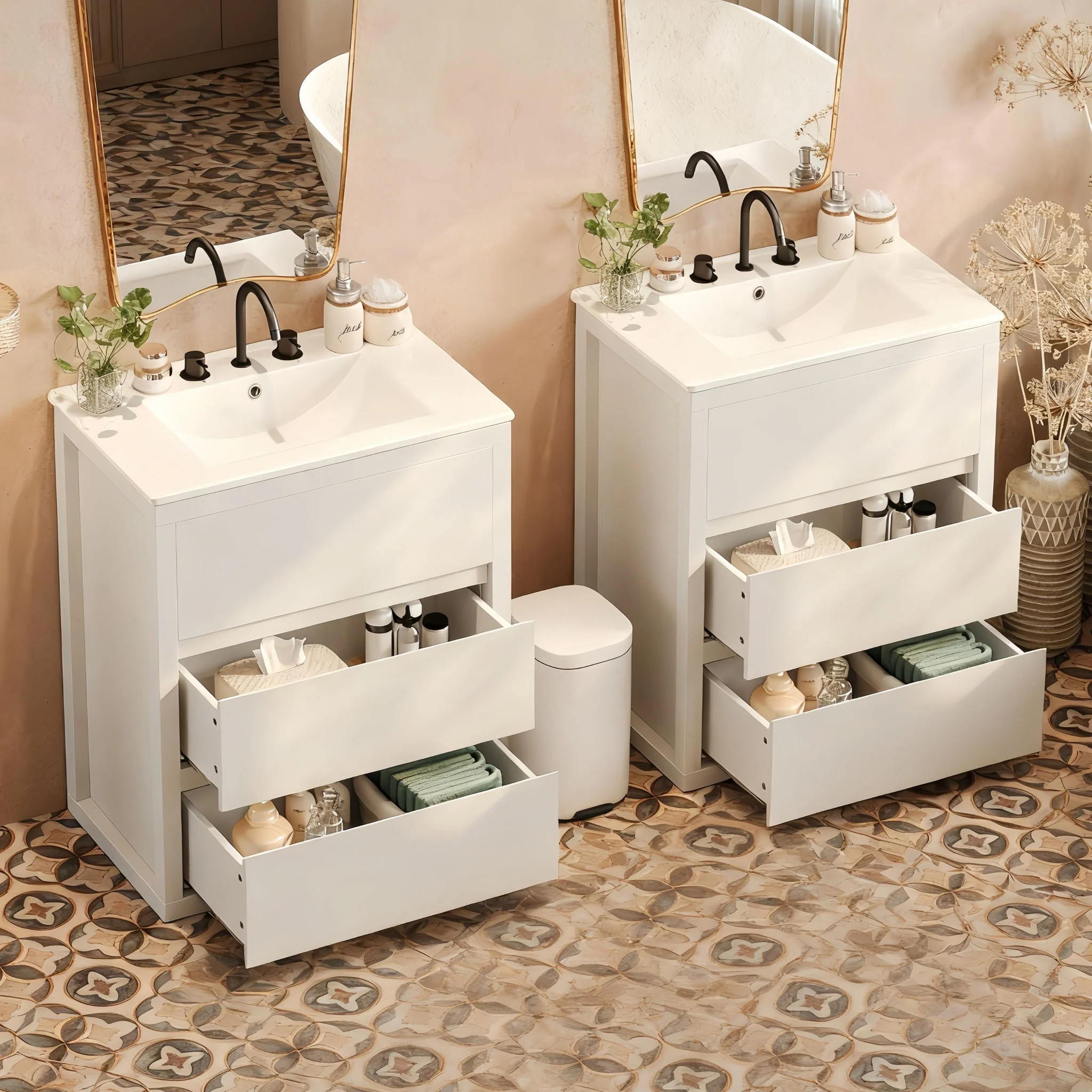 Double Sinks Bathroom Vanity Set With 2 Ceramic Basins - Image 12