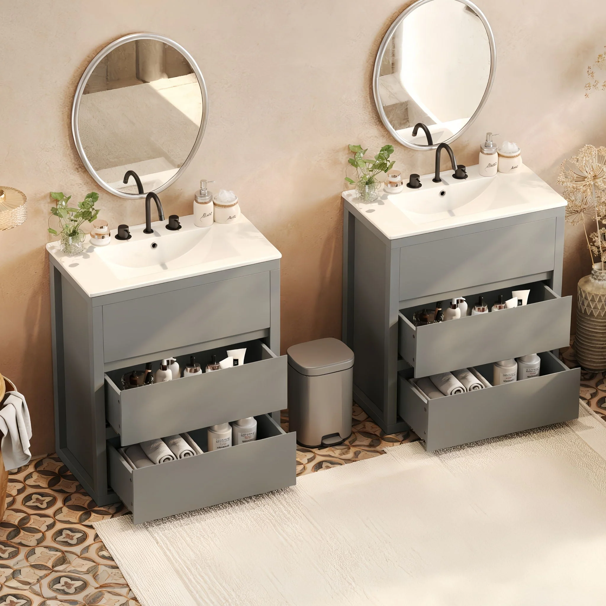 Double Sinks Bathroom Vanity Set With 2 Ceramic Basins - Image 9