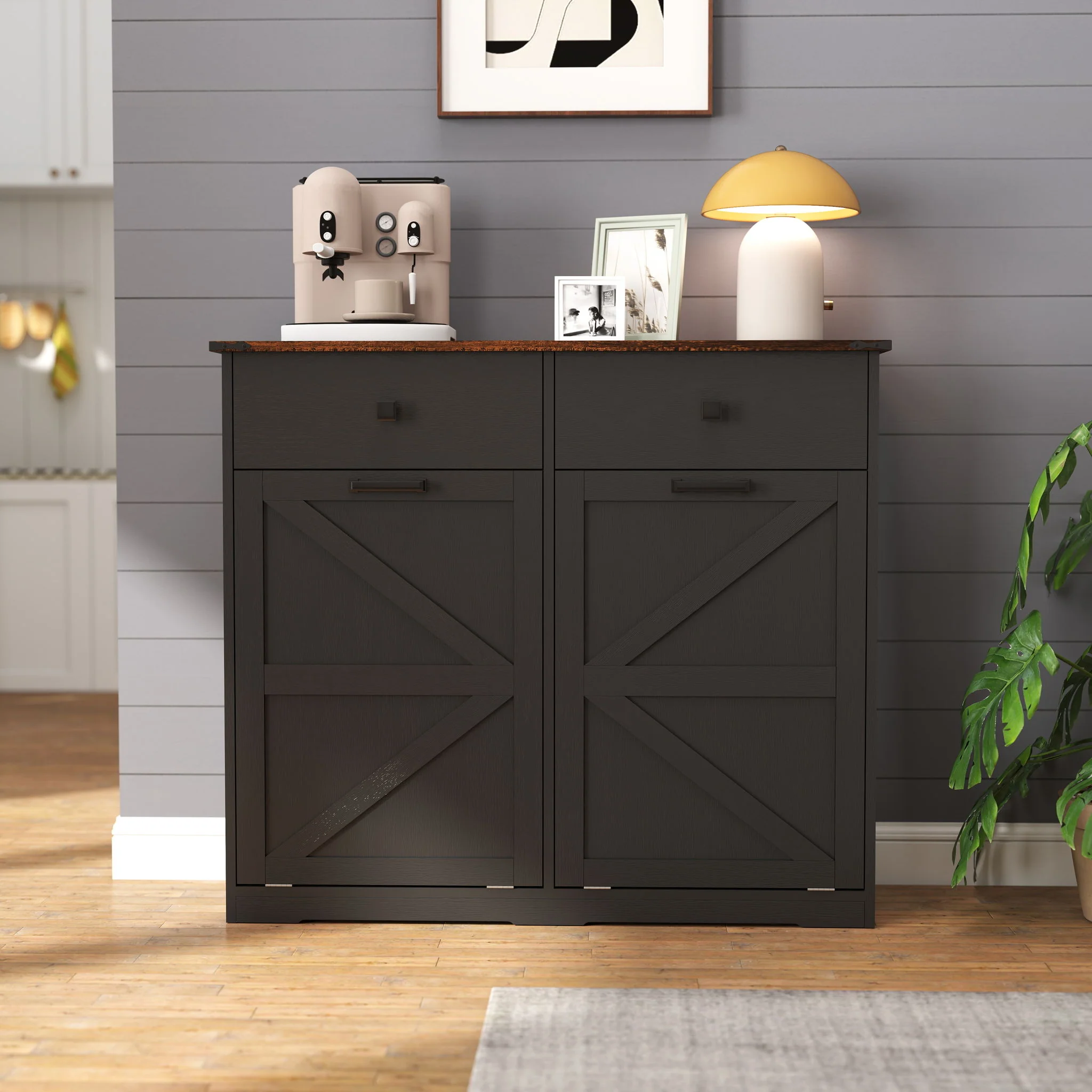 Double Tilt Out Trash Cabinet With Hideaway Drawer And Barn Door Style - Image 4