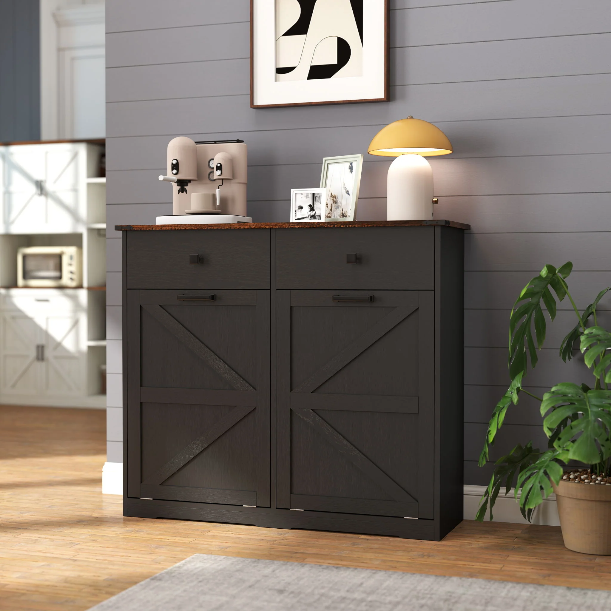 Double Tilt Out Trash Cabinet With Hideaway Drawer And Barn Door Style - Image 5