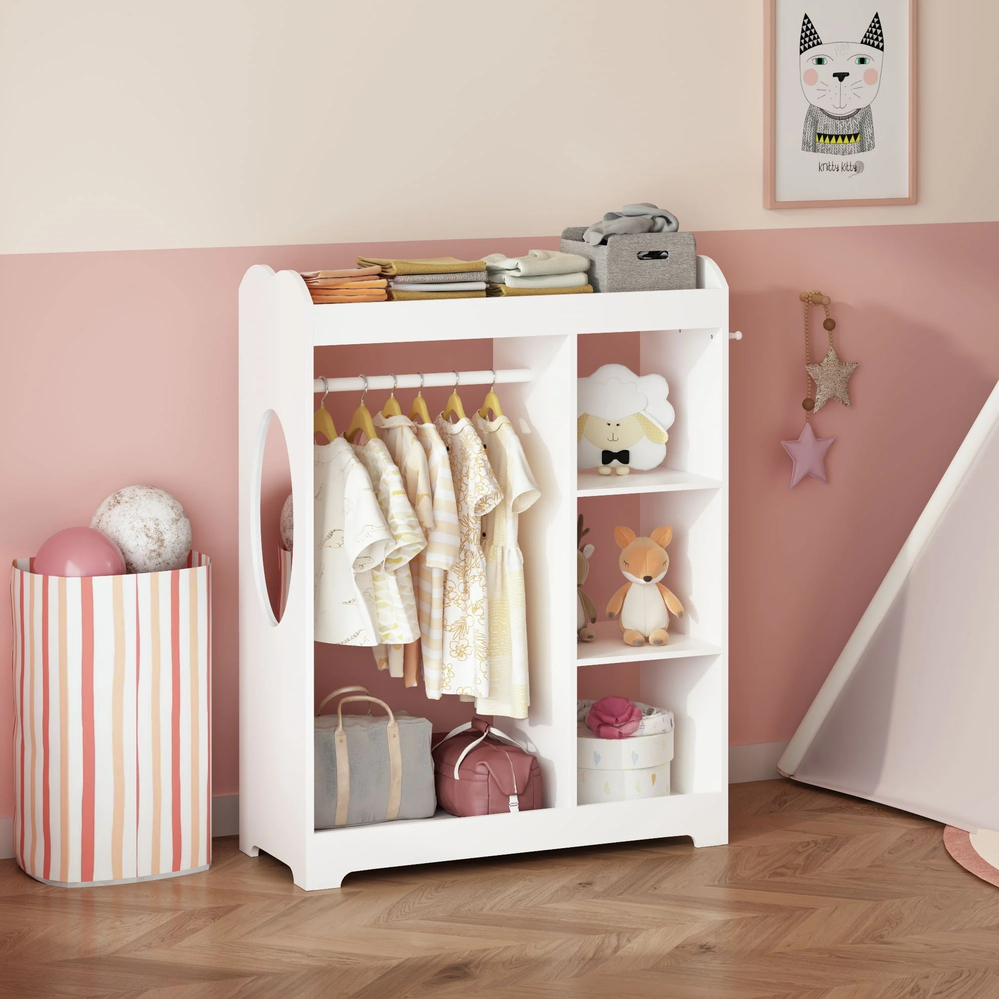 Dress Up Storage With Mirror And Hooks, Clothes Rack With Hanging Rod, 3 Side Hooks, Open Shelves, Top Shelf Organizer - White - Image 2