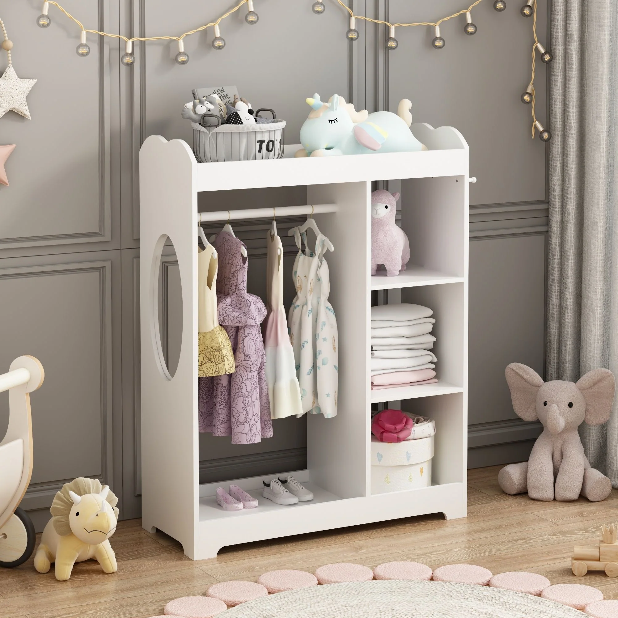 Dress Up Storage With Mirror And Hooks, Clothes Rack With Hanging Rod, 3 Side Hooks, Open Shelves, Top Shelf Organizer - White - Image 3