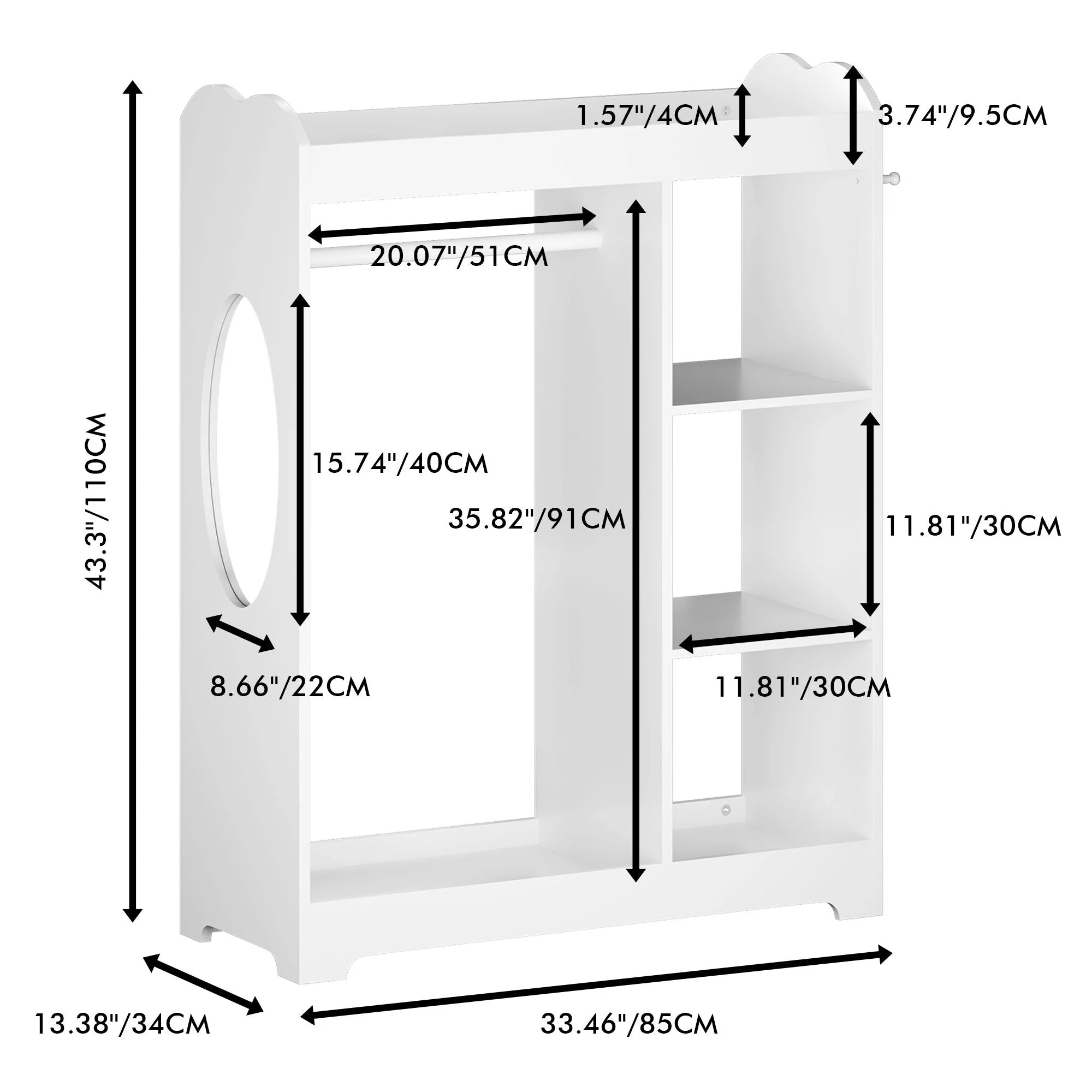 Dress Up Storage With Mirror And Hooks, Clothes Rack With Hanging Rod, 3 Side Hooks, Open Shelves, Top Shelf Organizer - White - Image 4